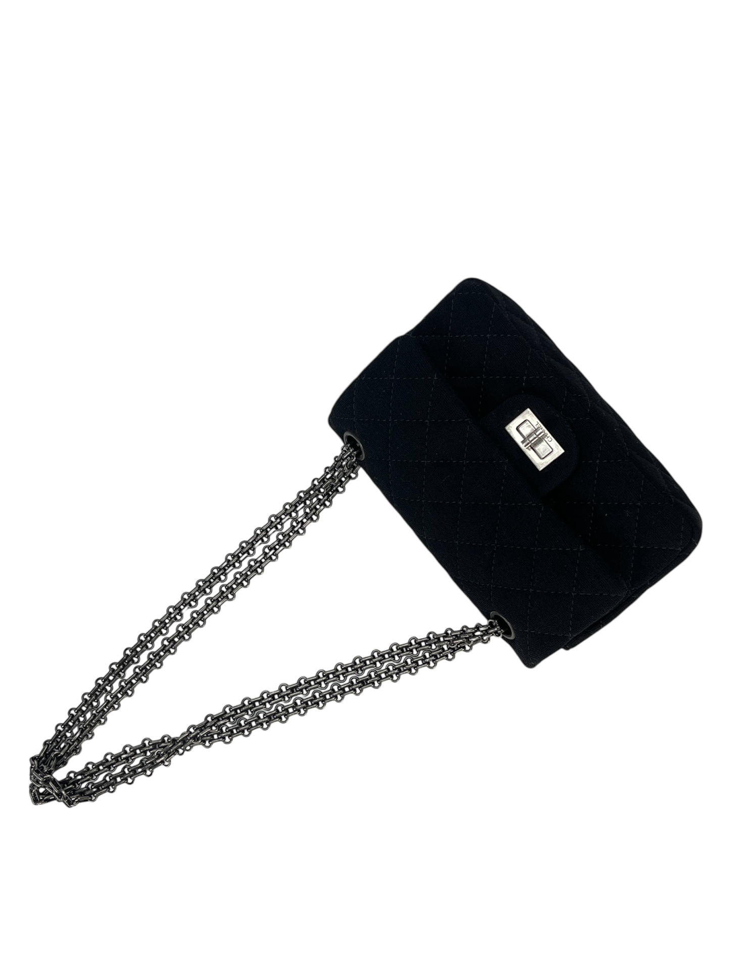 CHANEL - Mini Black Cotton 2.55 Matelasse Double Flap Chain Bag Silver Hardware