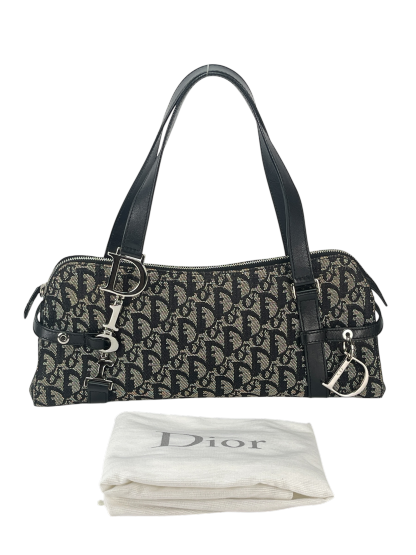 CHRISTIAN DIOR -  Black Canvas Trotter Leather Shoulder Bag