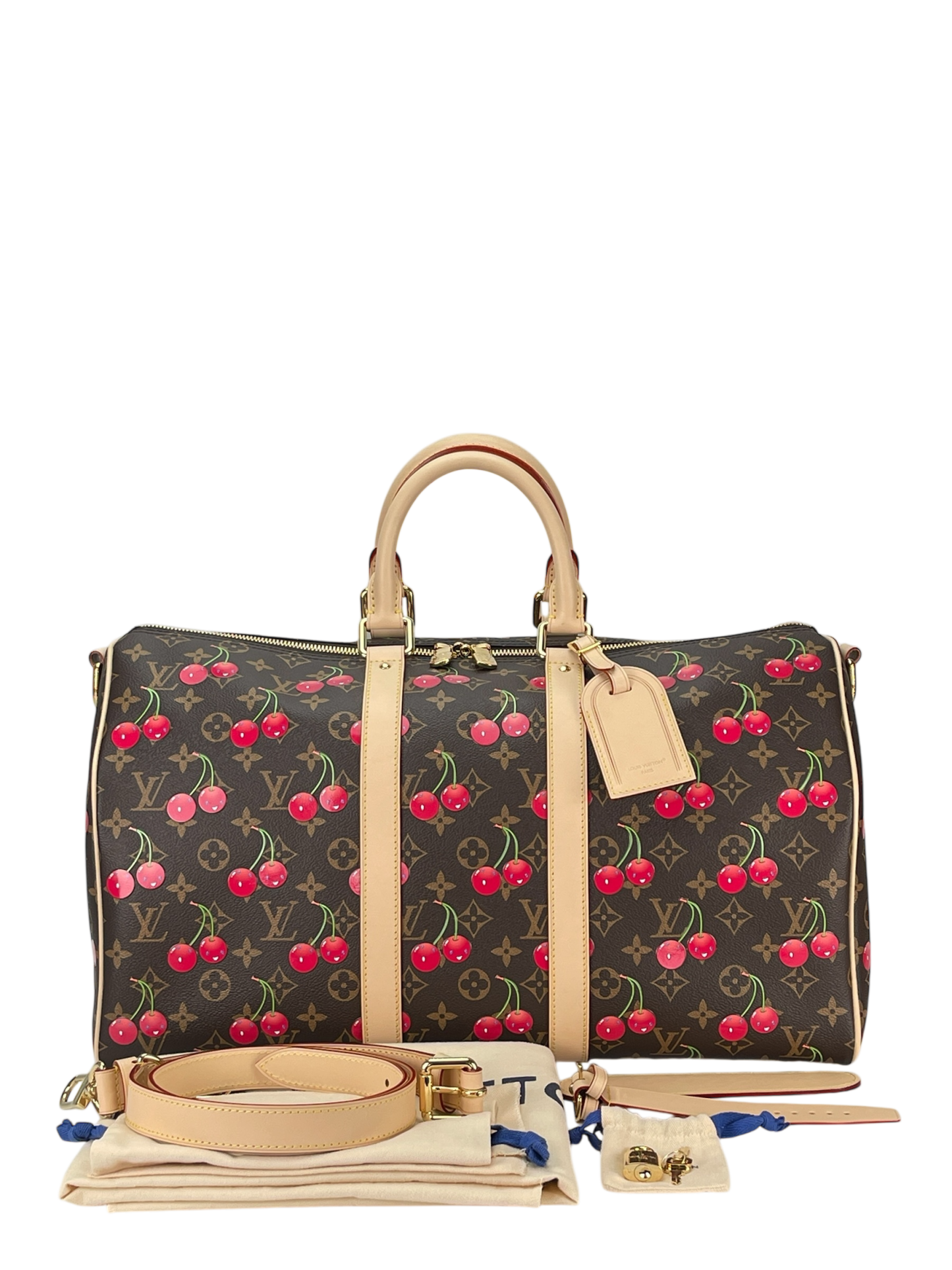 LOUIS VUITTON - LV × TM Blue Denim Cherry Monogram Keepall Bandouliere 45 Duffle Bag