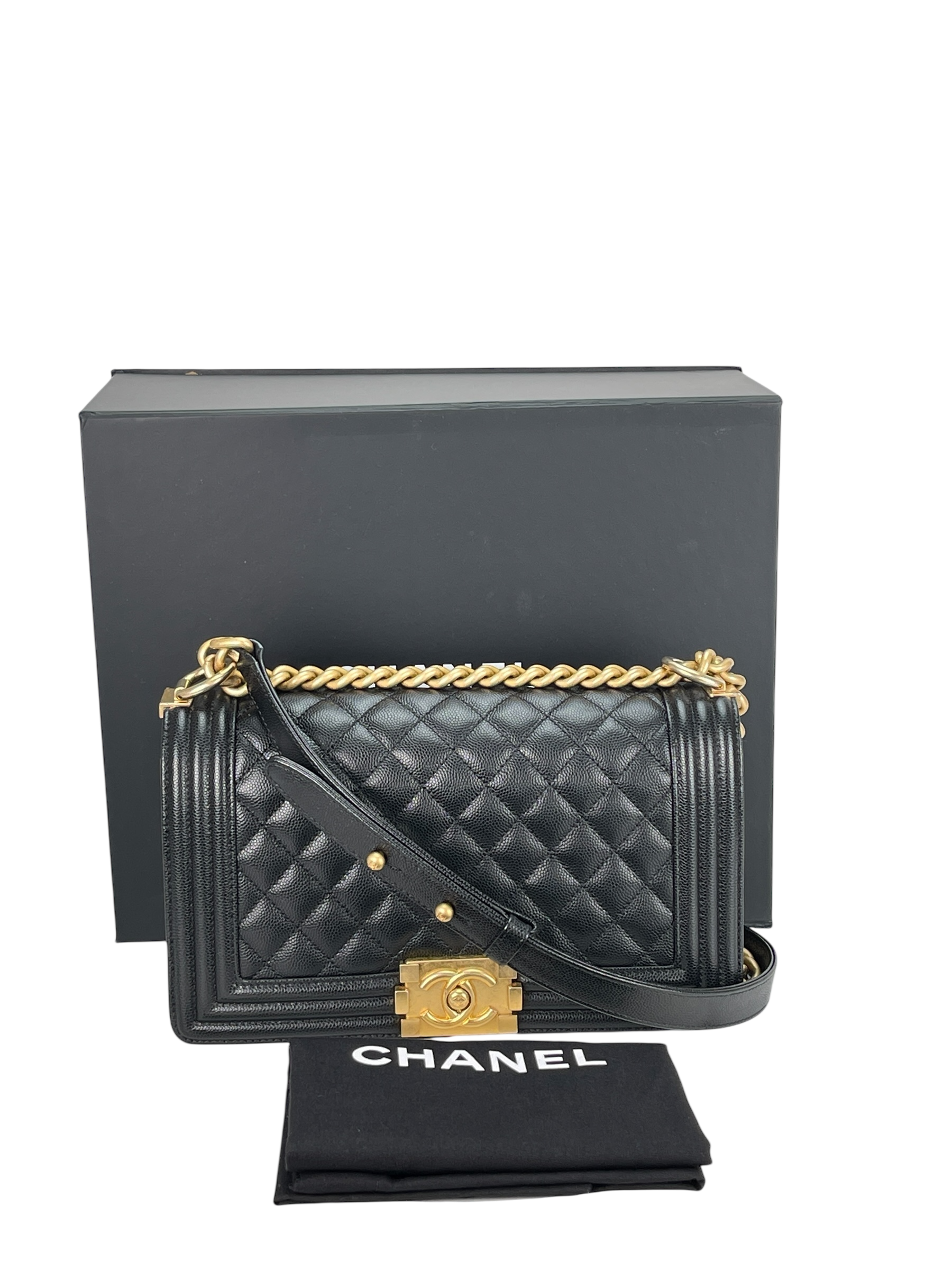 CHANEL - Medium Boy Flap Bag Black Caviar Gold Hardware
