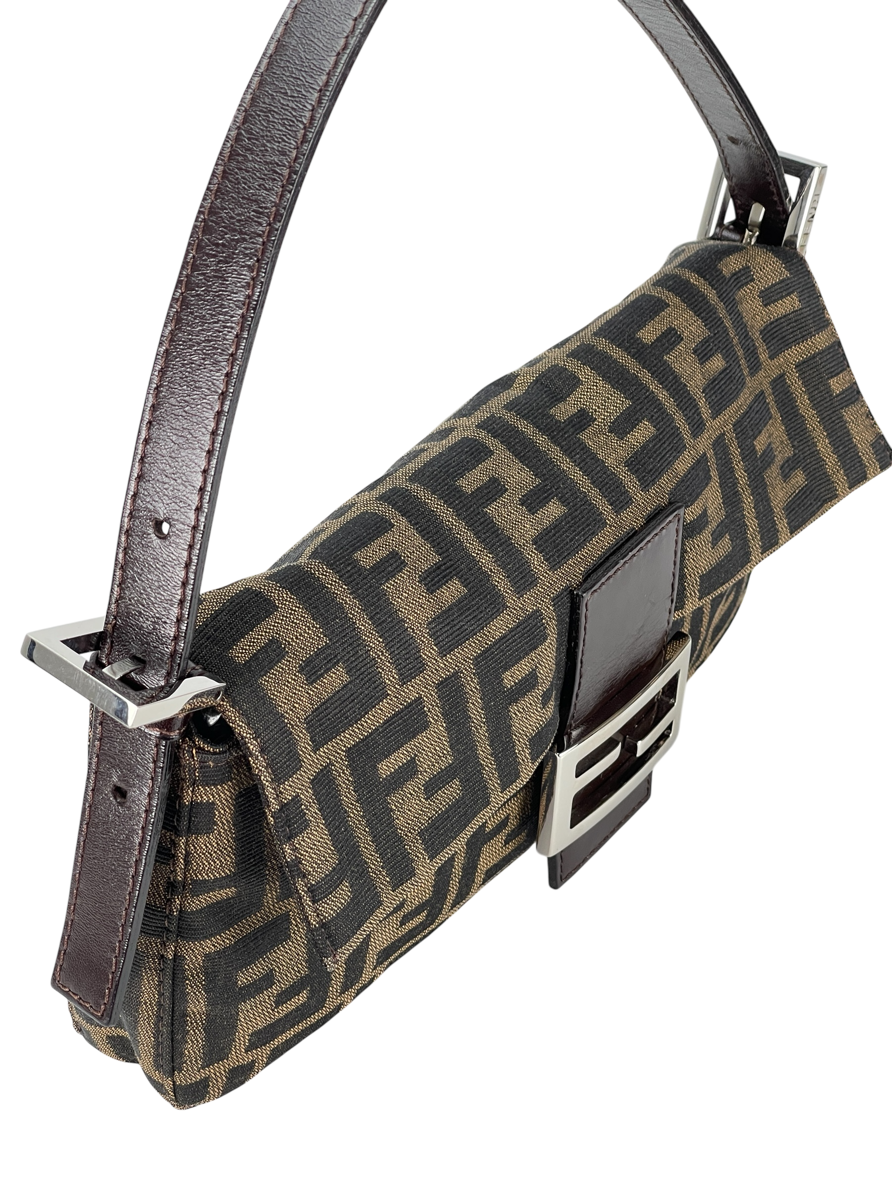 FENDI - Brown Canvas  Zucca Baguette Hand Bag 