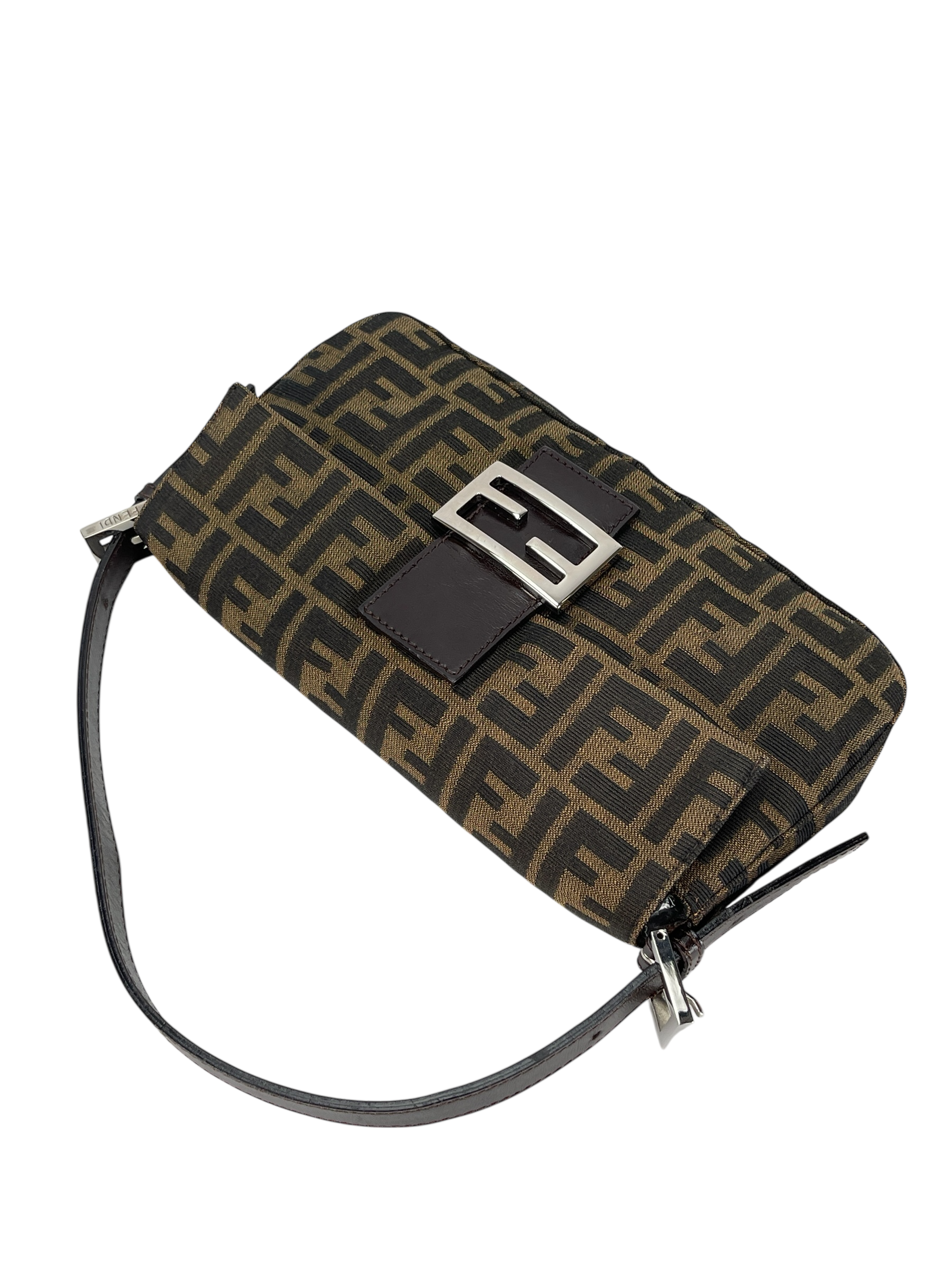 FENDI - Brown Canvas  Zucca Baguette Hand Bag 