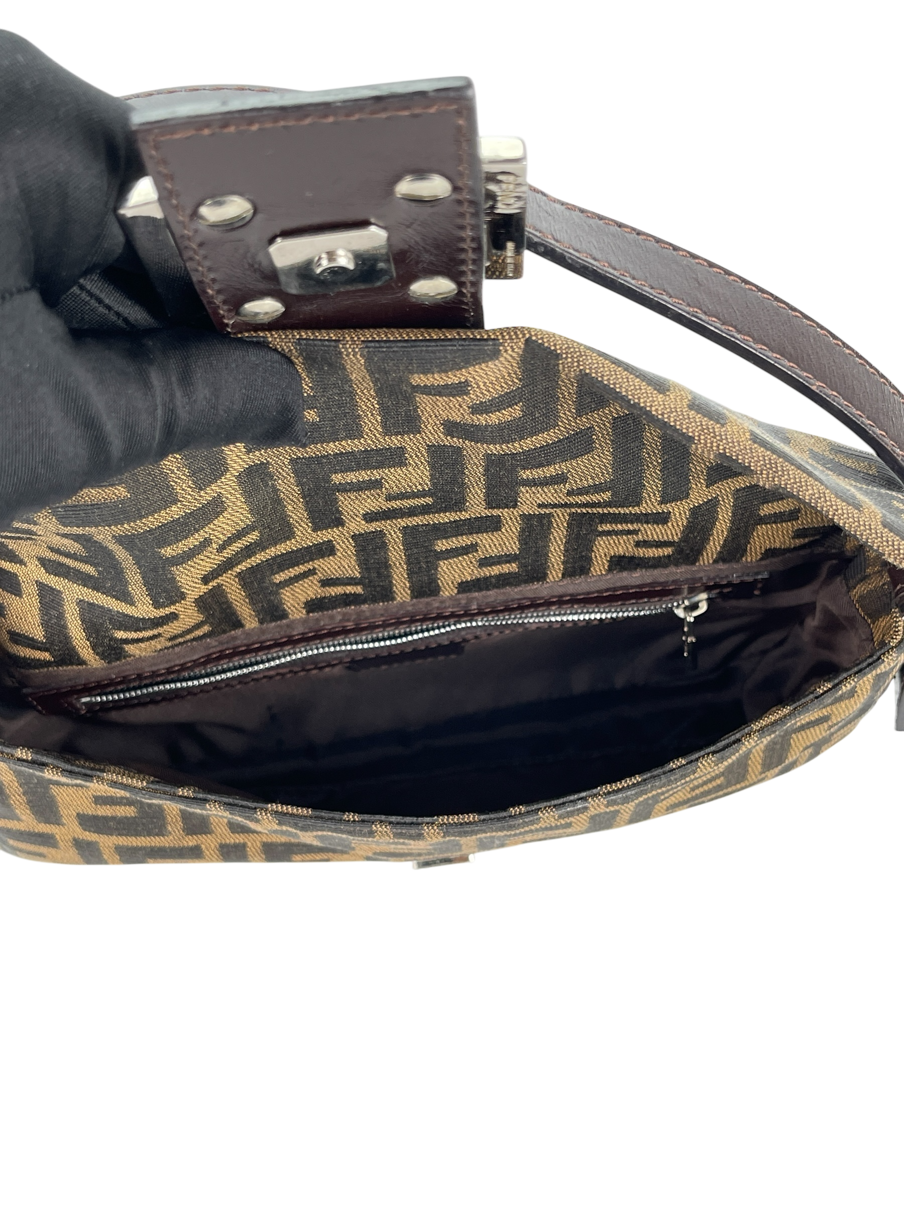 FENDI - Brown Canvas  Zucca Baguette Hand Bag 