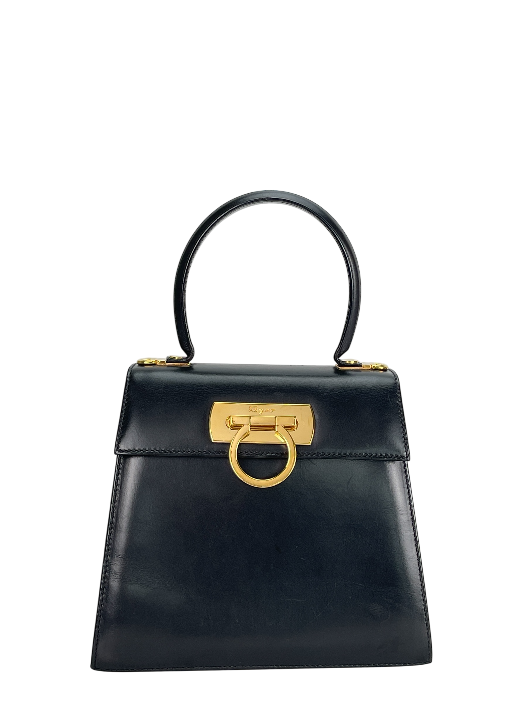 SALVATORE FERRAGAMO - Black Vintage Kelly Top Handle Flip Lock 2way Bag