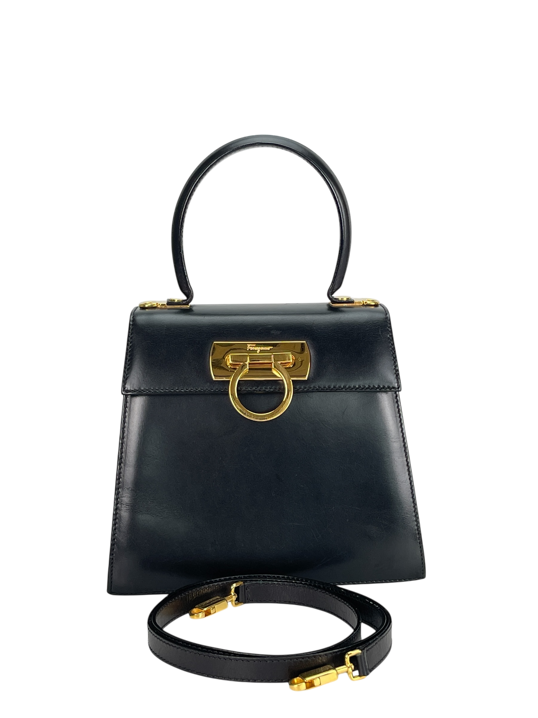 SALVATORE FERRAGAMO - Black Vintage Kelly Top Handle Flip Lock 2way Bag