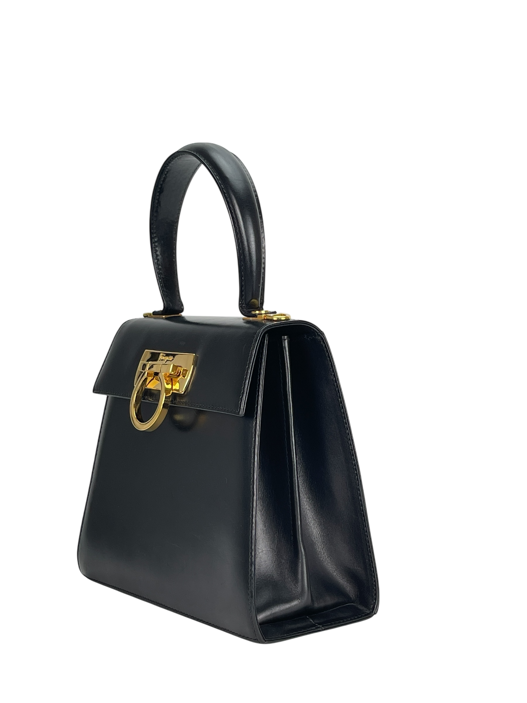 SALVATORE FERRAGAMO - Black Vintage Kelly Top Handle Flip Lock 2way Bag