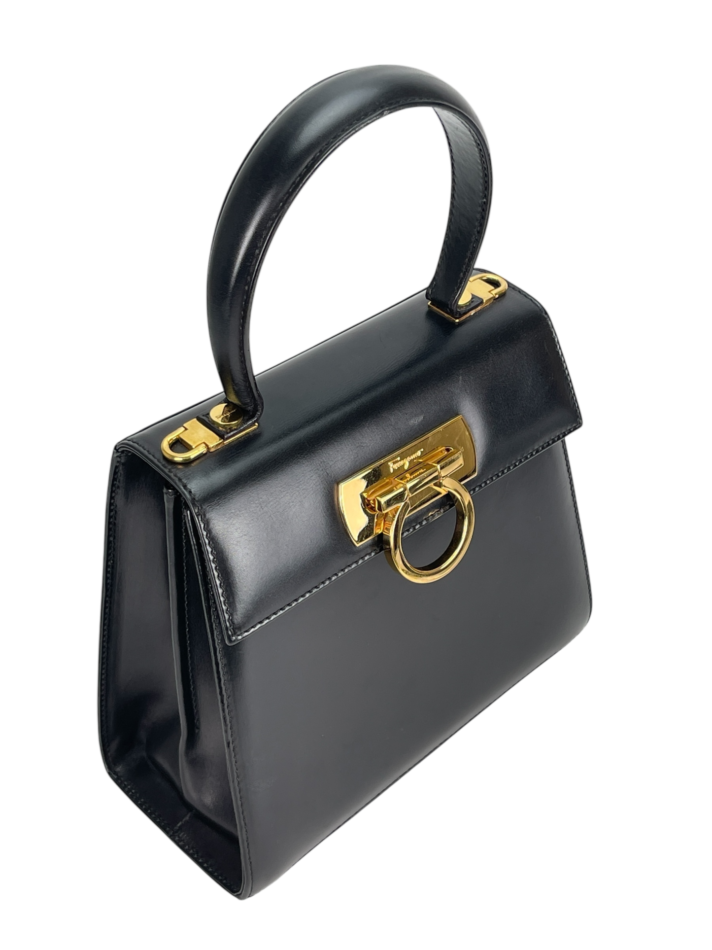 SALVATORE FERRAGAMO - Black Vintage Kelly Top Handle Flip Lock 2way Bag