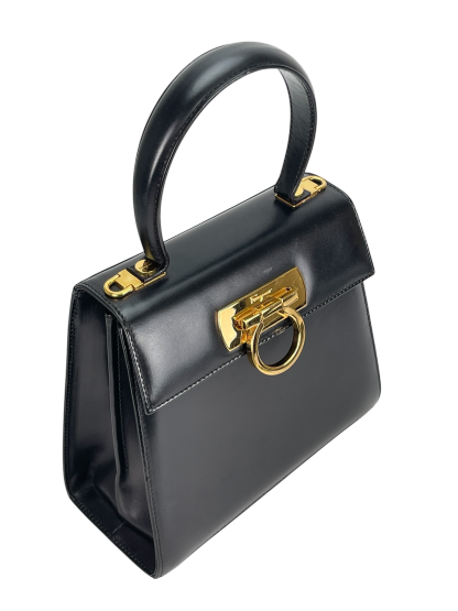 SALVATORE FERRAGAMO - Black Vintage Kelly Top Handle Flip Lock 2way Bag