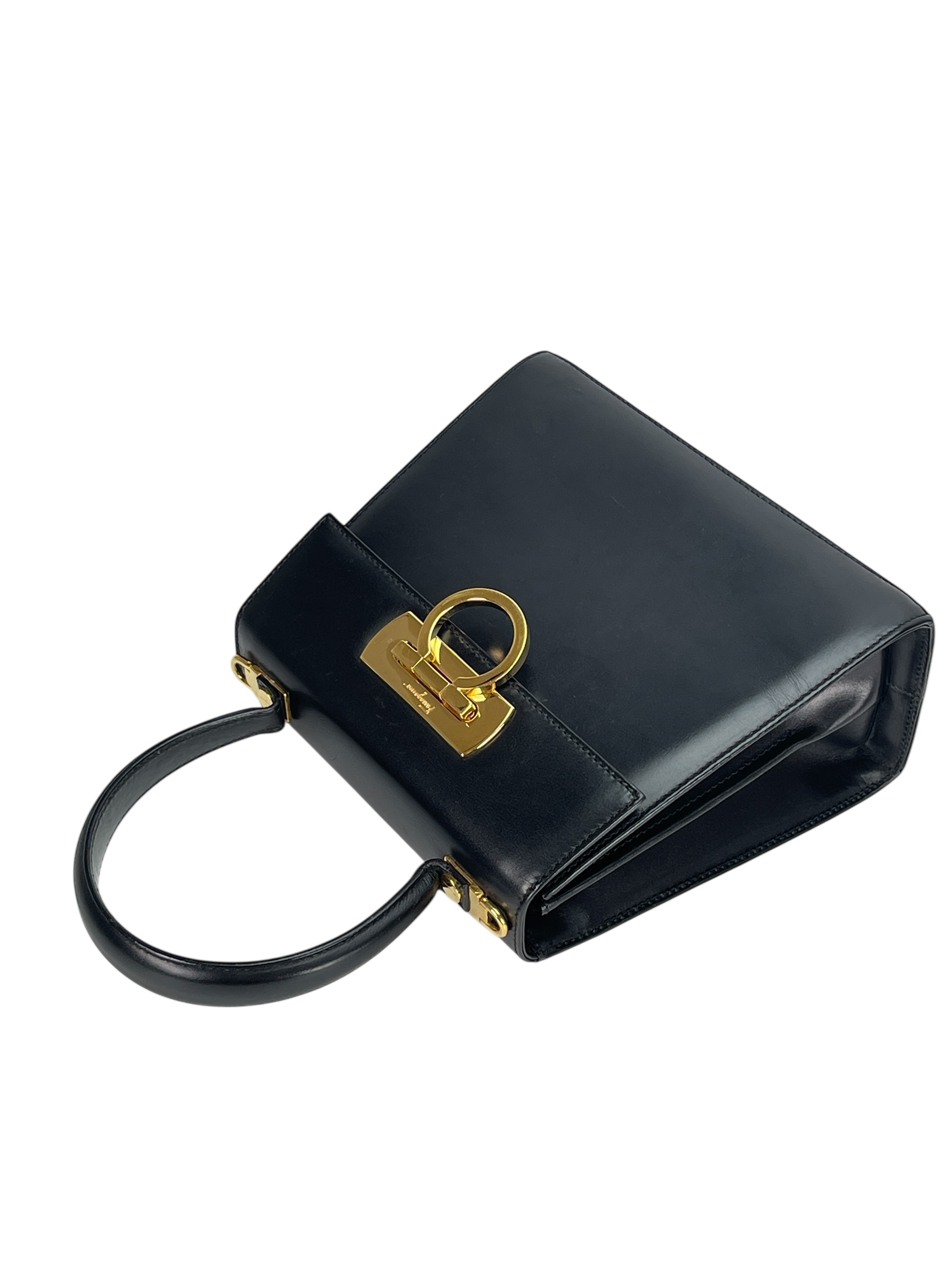 SALVATORE FERRAGAMO - Black Vintage Kelly Top Handle Flip Lock 2way Bag