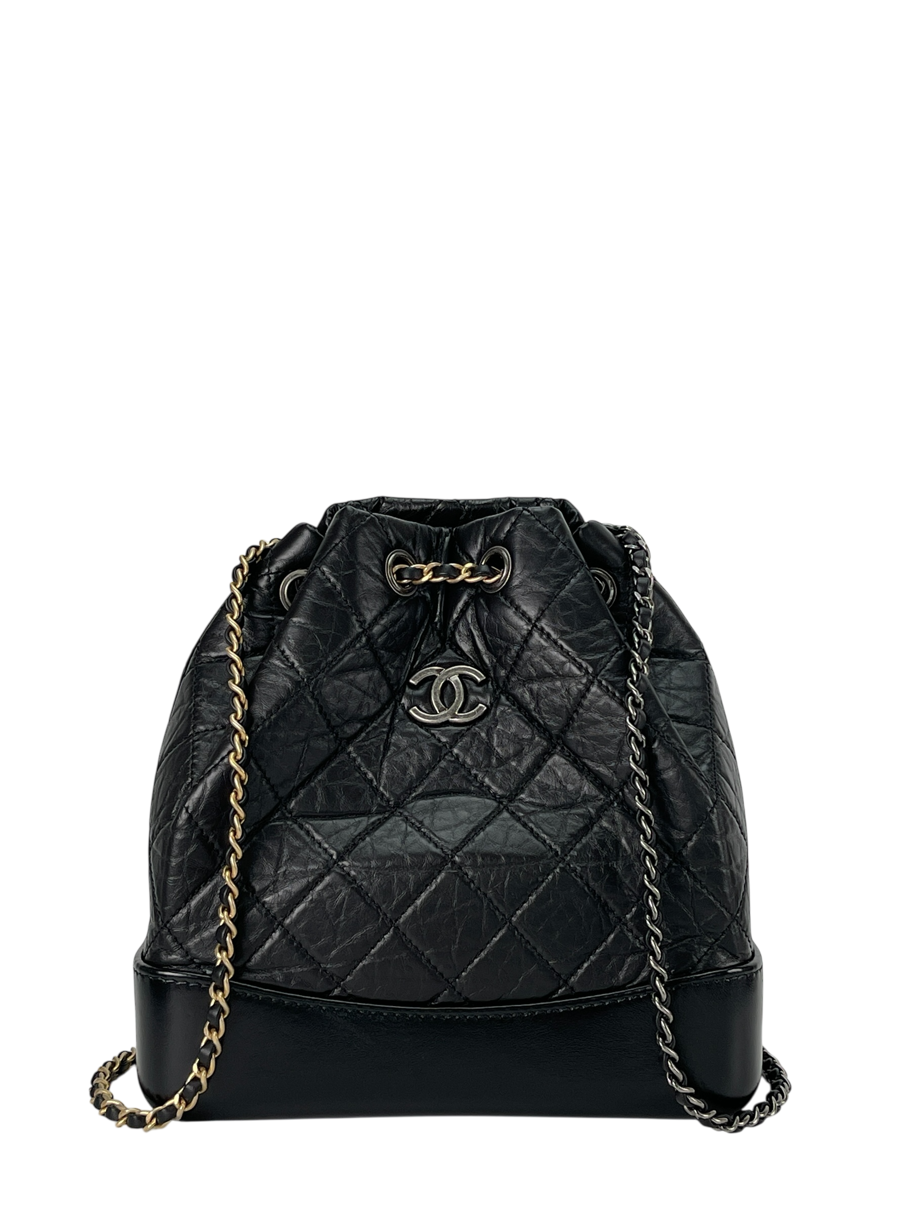 CHANEL - Black Calfskin Gabrielle Chain Black Gold Silver Hardware Backpack