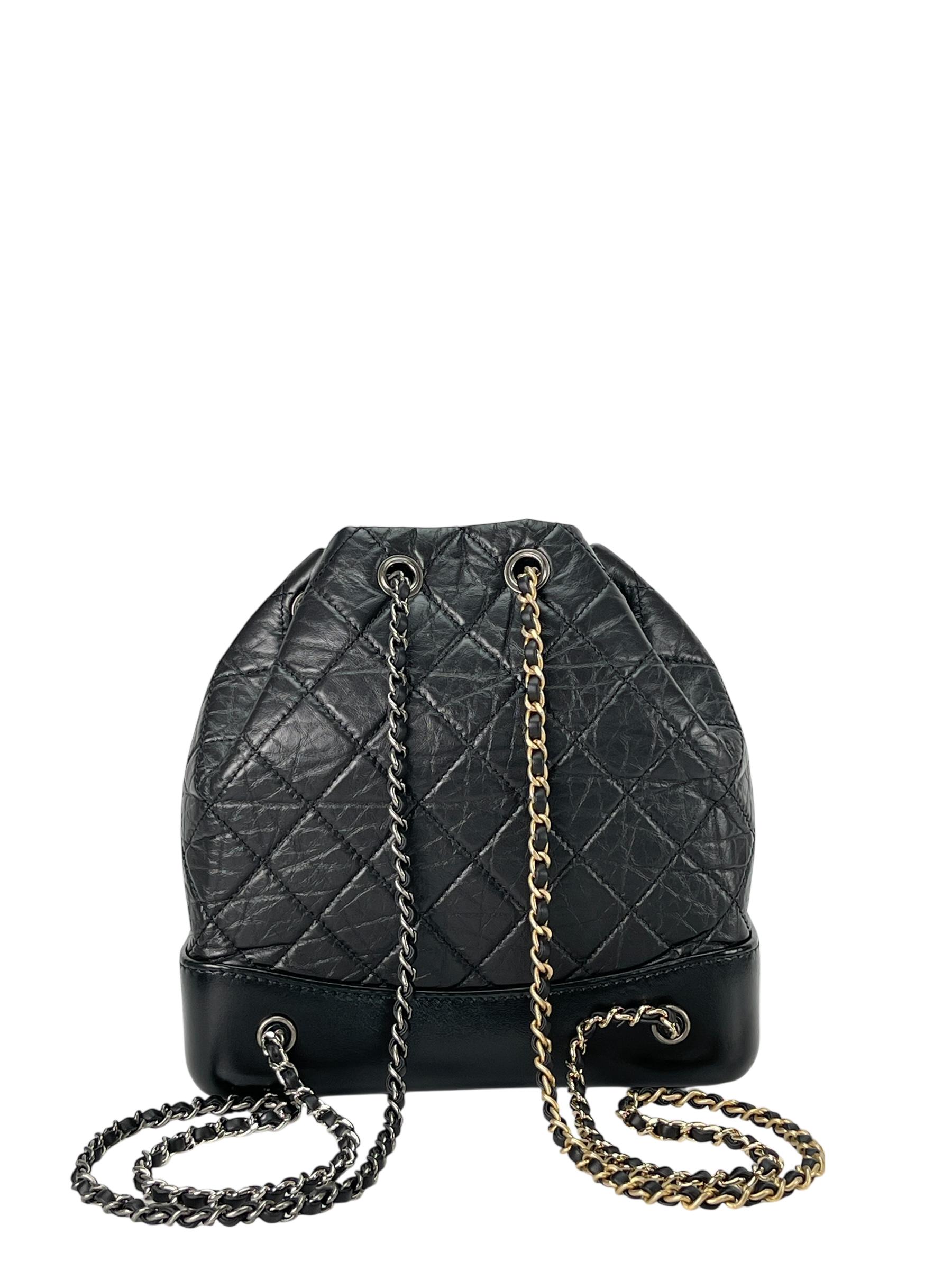 CHANEL - Black Calfskin Gabrielle Chain Black Gold Silver Hardware Backpack