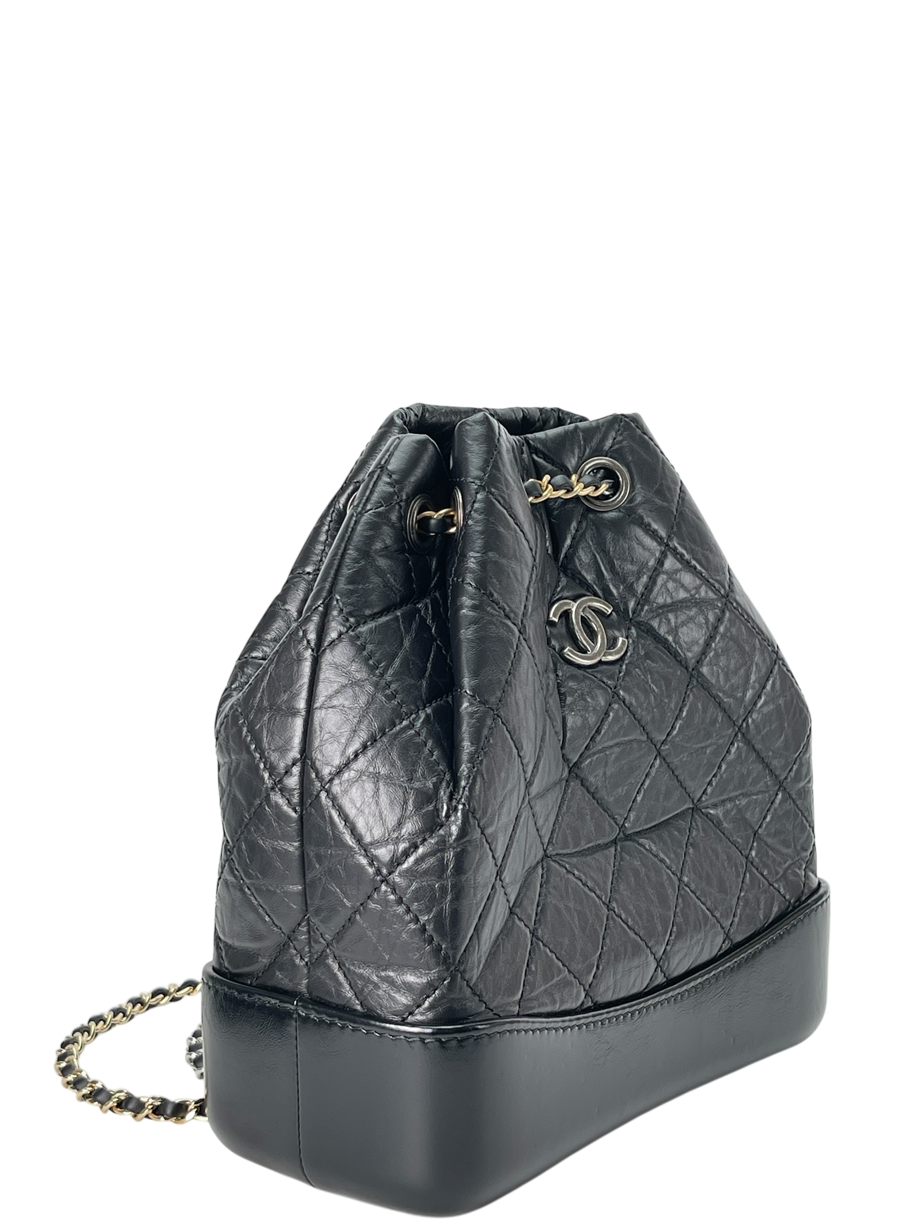 CHANEL - Black Calfskin Gabrielle Chain Black Gold Silver Hardware Backpack