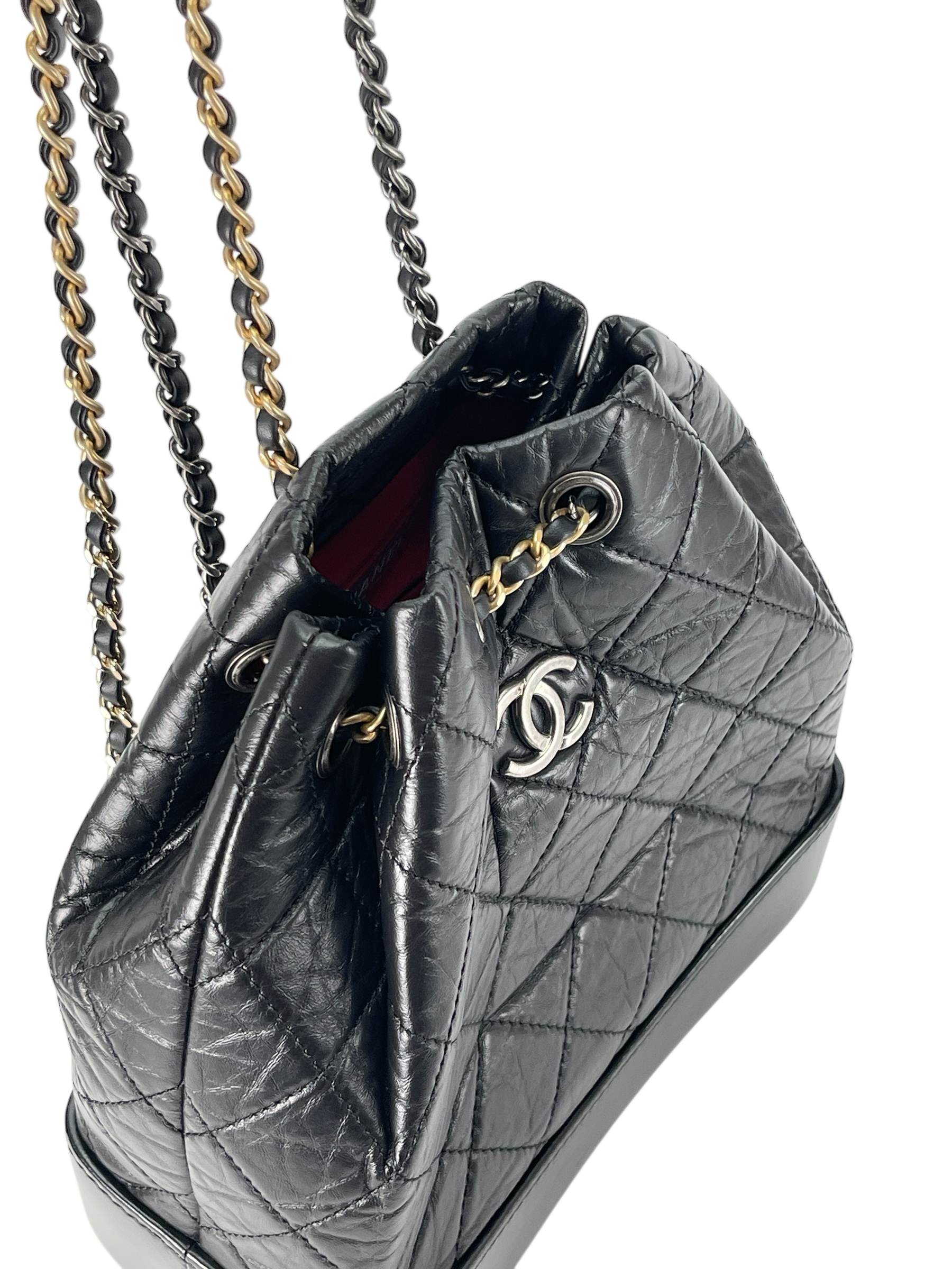 CHANEL - Black Calfskin Gabrielle Chain Black Gold Silver Hardware Backpack