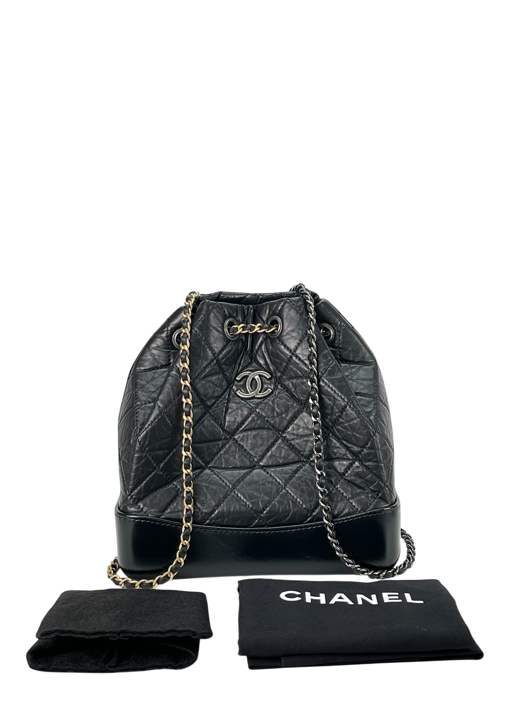 CHANEL - Black Calfskin Gabrielle Chain Black Gold Silver Hardware Backpack