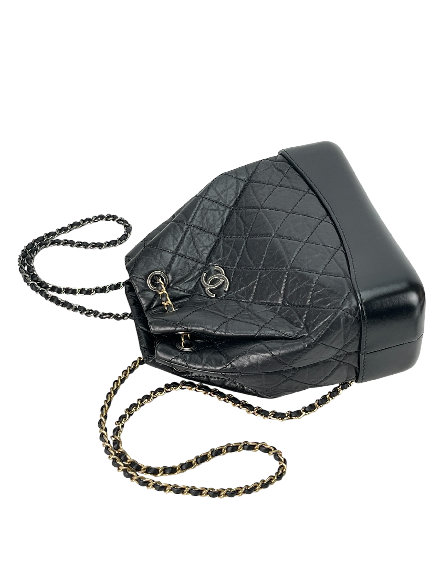 CHANEL - Black Calfskin Gabrielle Chain Black Gold Silver Hardware Backpack