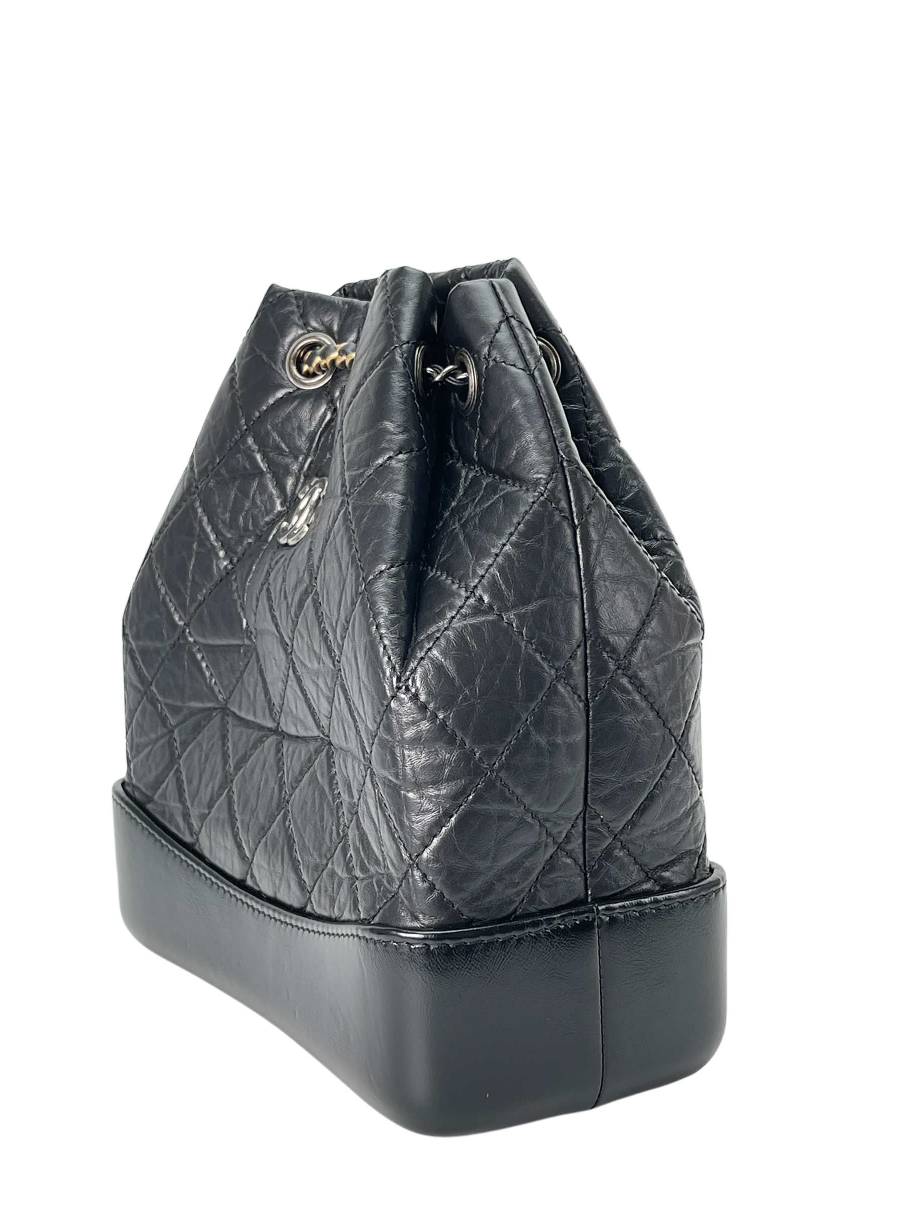 CHANEL - Black Calfskin Gabrielle Chain Black Gold Silver Hardware Backpack