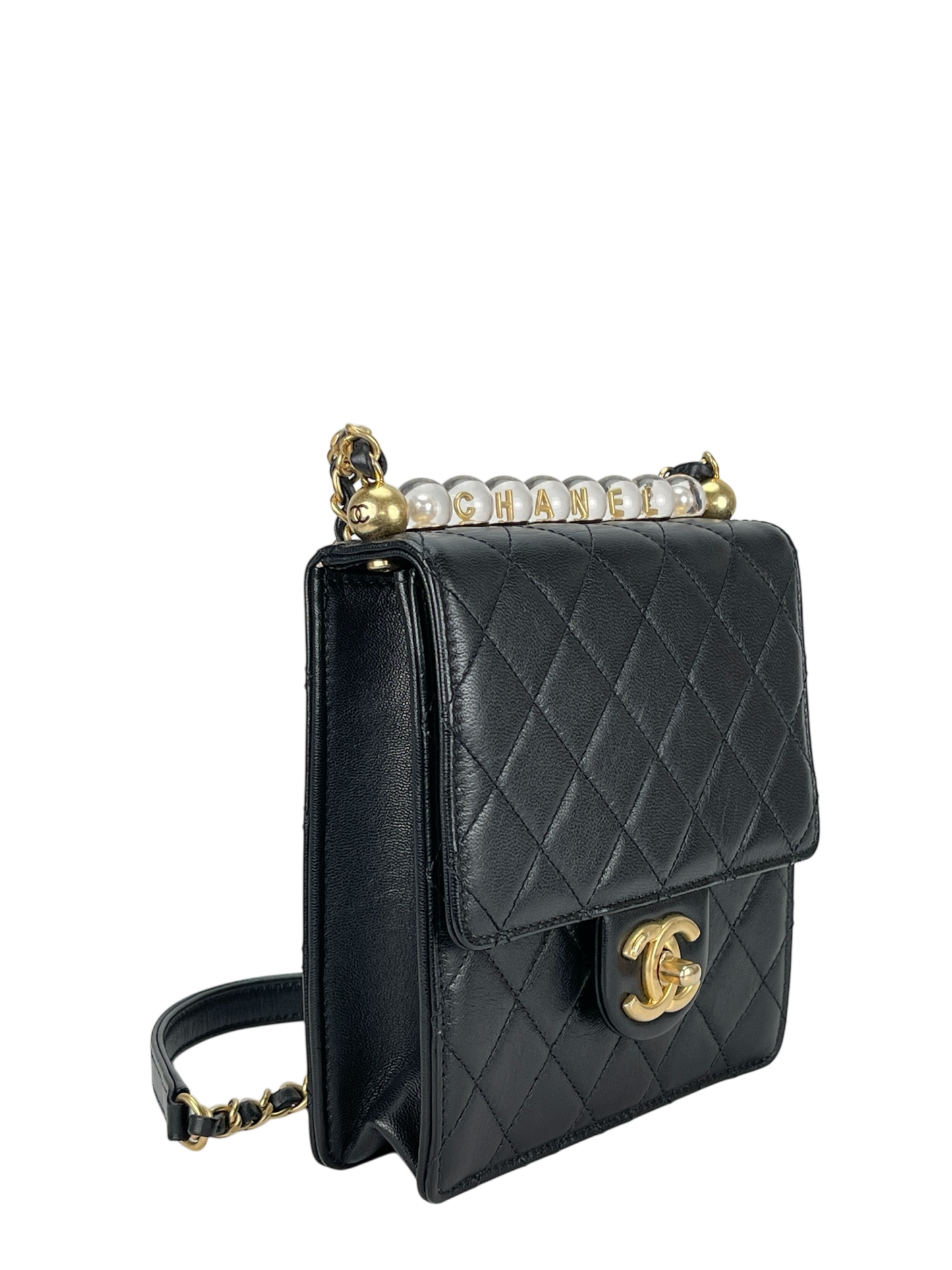 CHANEL - Black Lambskin Mini Chic Vertical Pearls Flap Bag