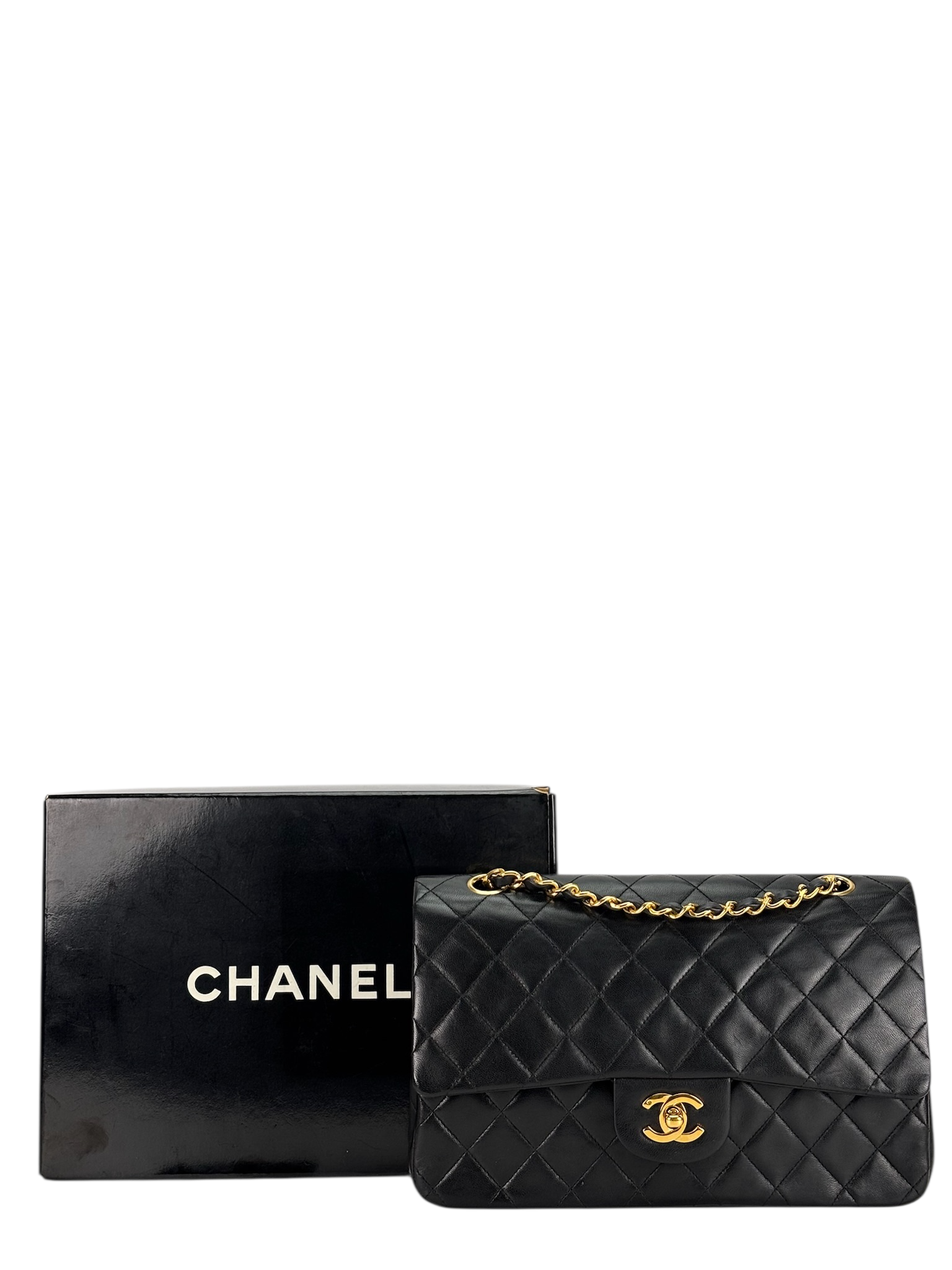 CHANEL - Medium Classic Double Flap Bag Black Lambskin Gold Hardware (CF25)