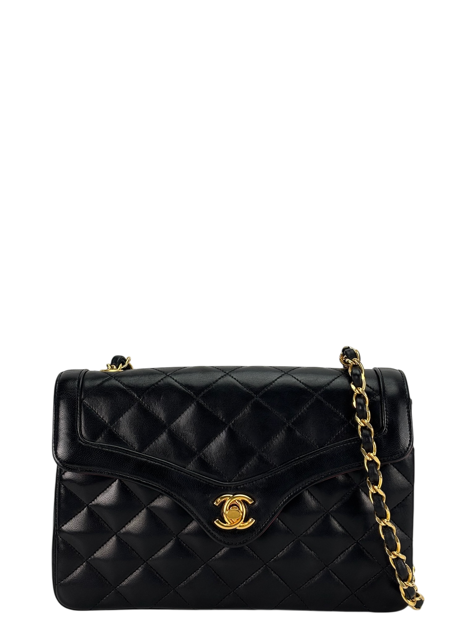 CHANEL - Black Lambskin Matelasse Chain Shoulder Bag Gold Hardware