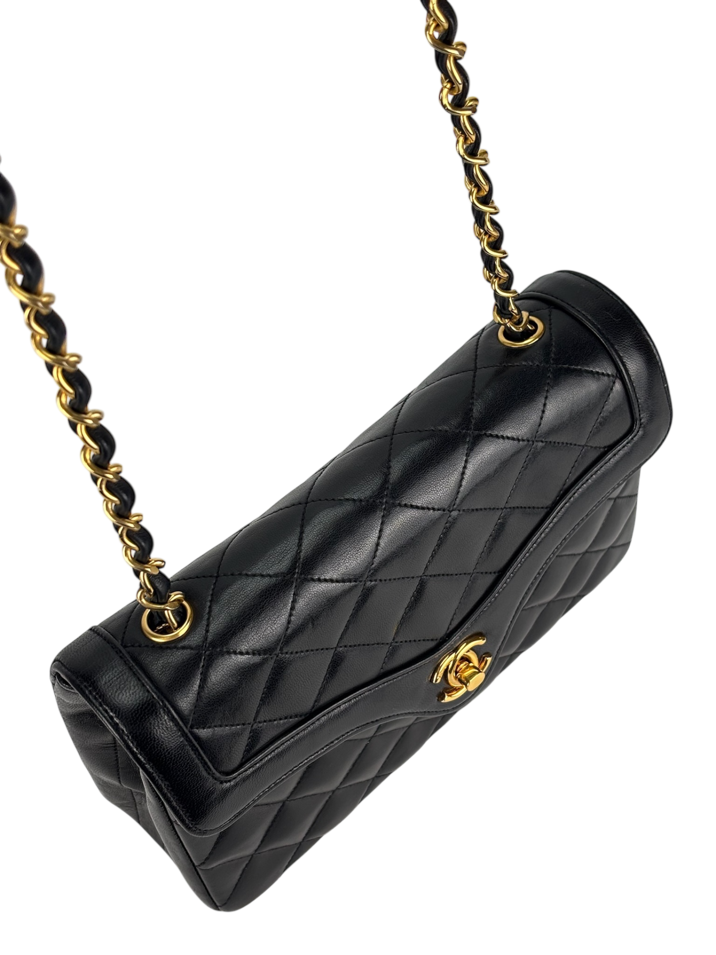 CHANEL - Black Lambskin Matelasse Chain Shoulder Bag Gold Hardware