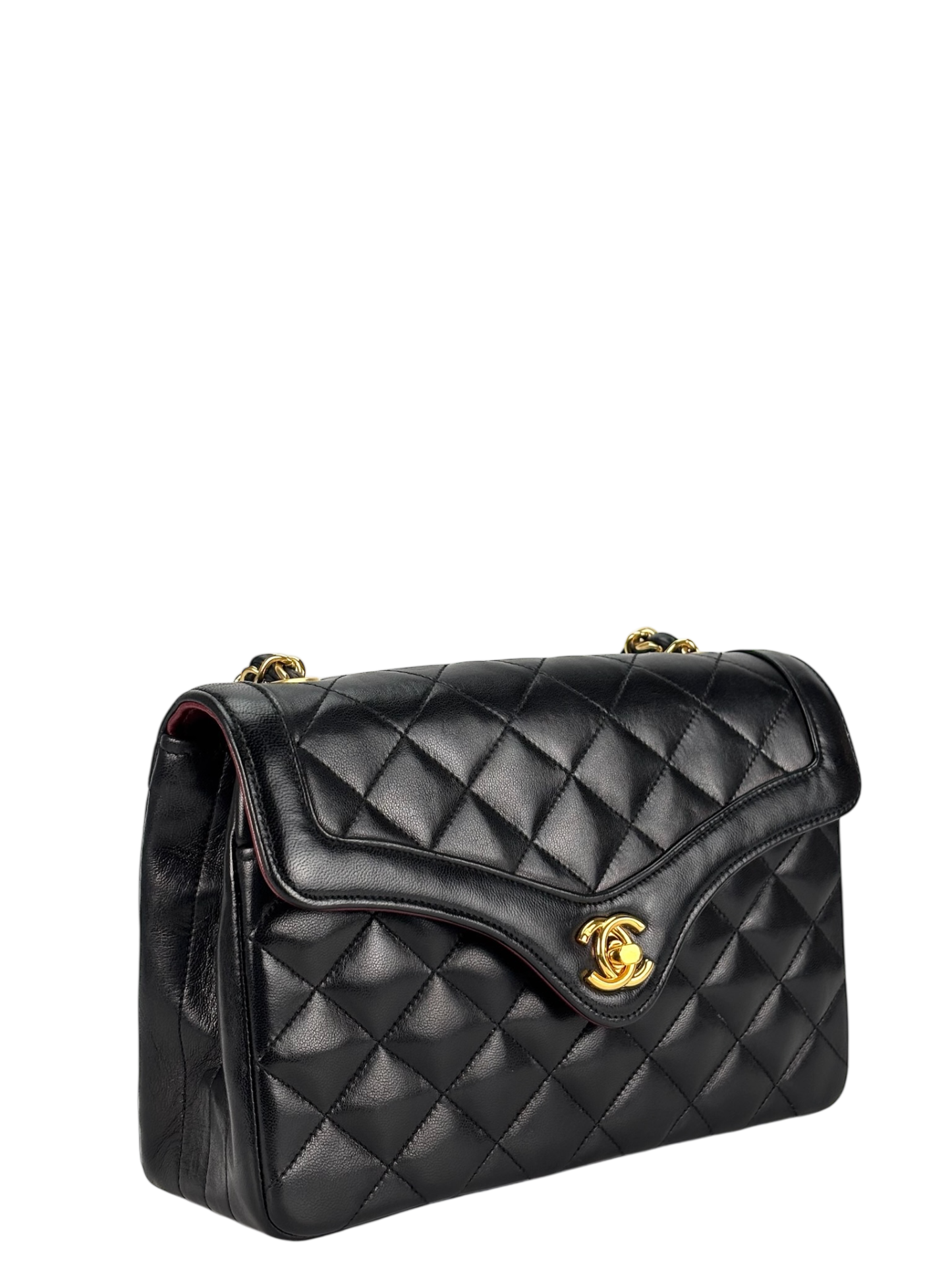 CHANEL - Black Lambskin Matelasse Chain Shoulder Bag Gold Hardware