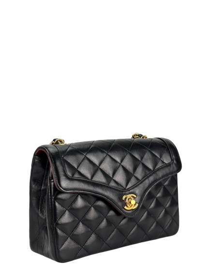 CHANEL - Black Lambskin Matelasse Chain Shoulder Bag Gold Hardware