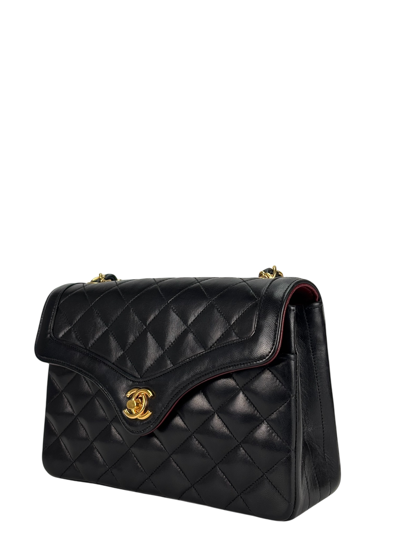 CHANEL - Black Lambskin Matelasse Chain Shoulder Bag Gold Hardware