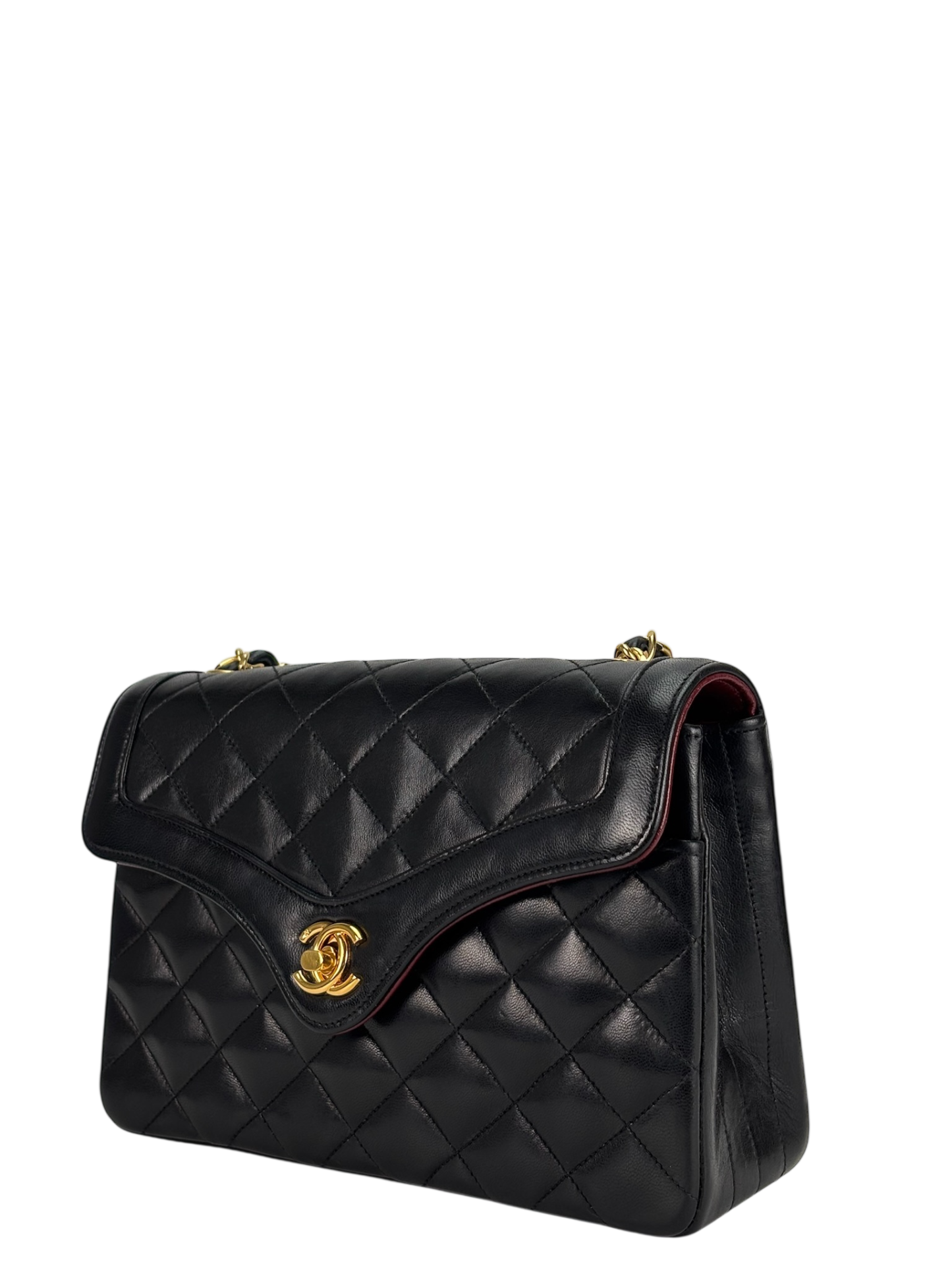 CHANEL - Black Lambskin Matelasse Chain Shoulder Bag Gold Hardware