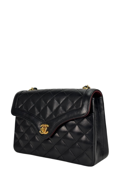 CHANEL - Black Lambskin Matelasse Chain Shoulder Bag Gold Hardware