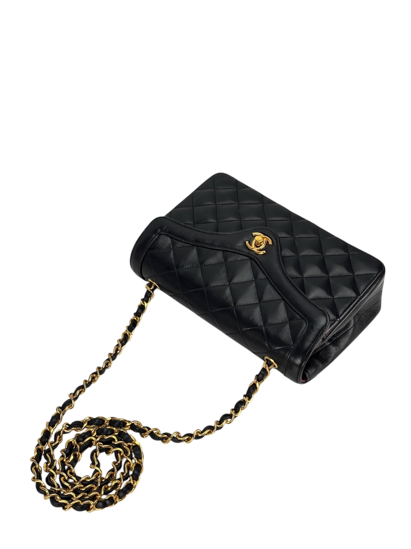 CHANEL - Black Lambskin Matelasse Chain Shoulder Bag Gold Hardware