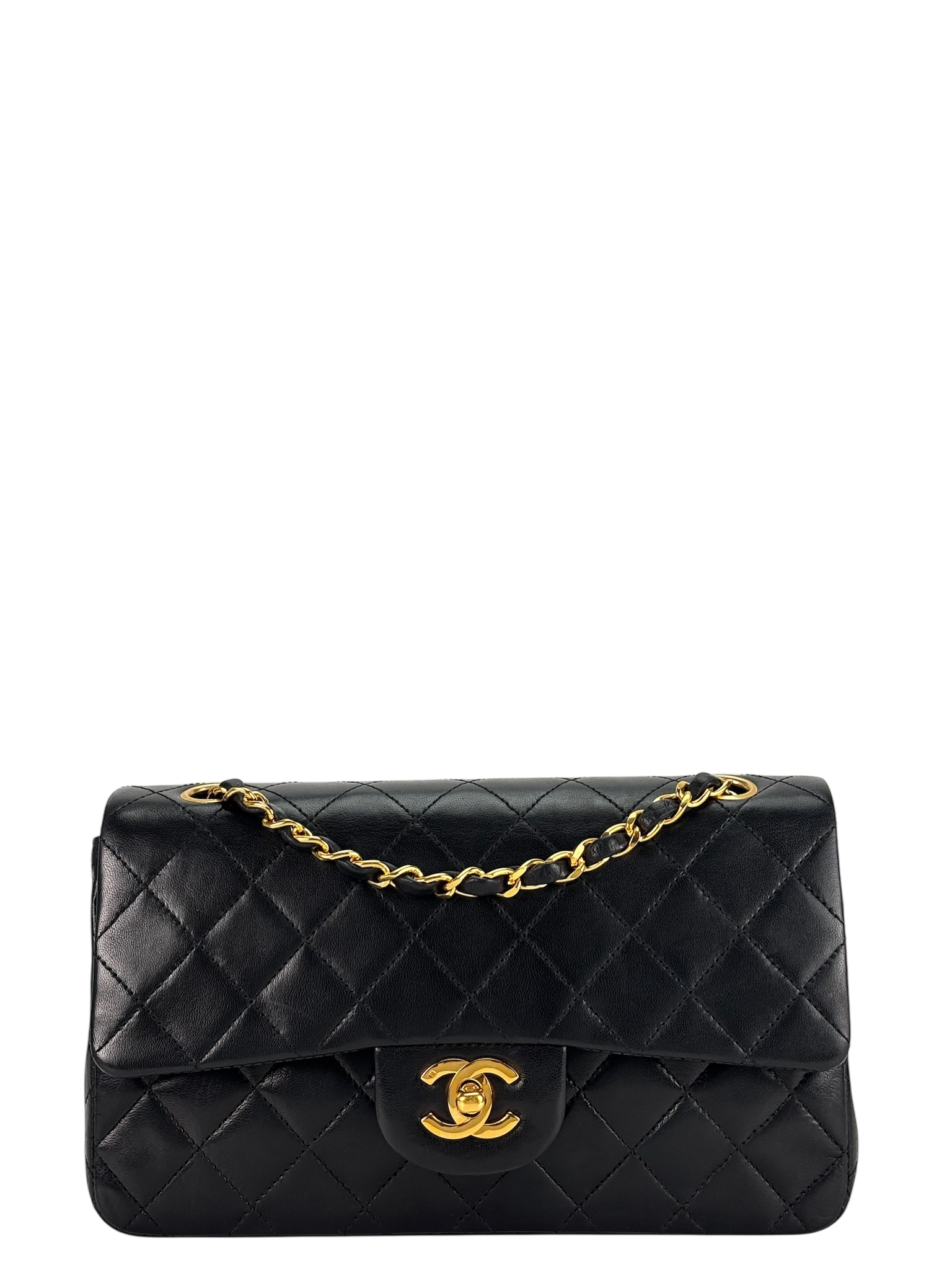 CHANEL - Small Classic Double Flap Bag Black Lambskin Gold Hardware (CF23)