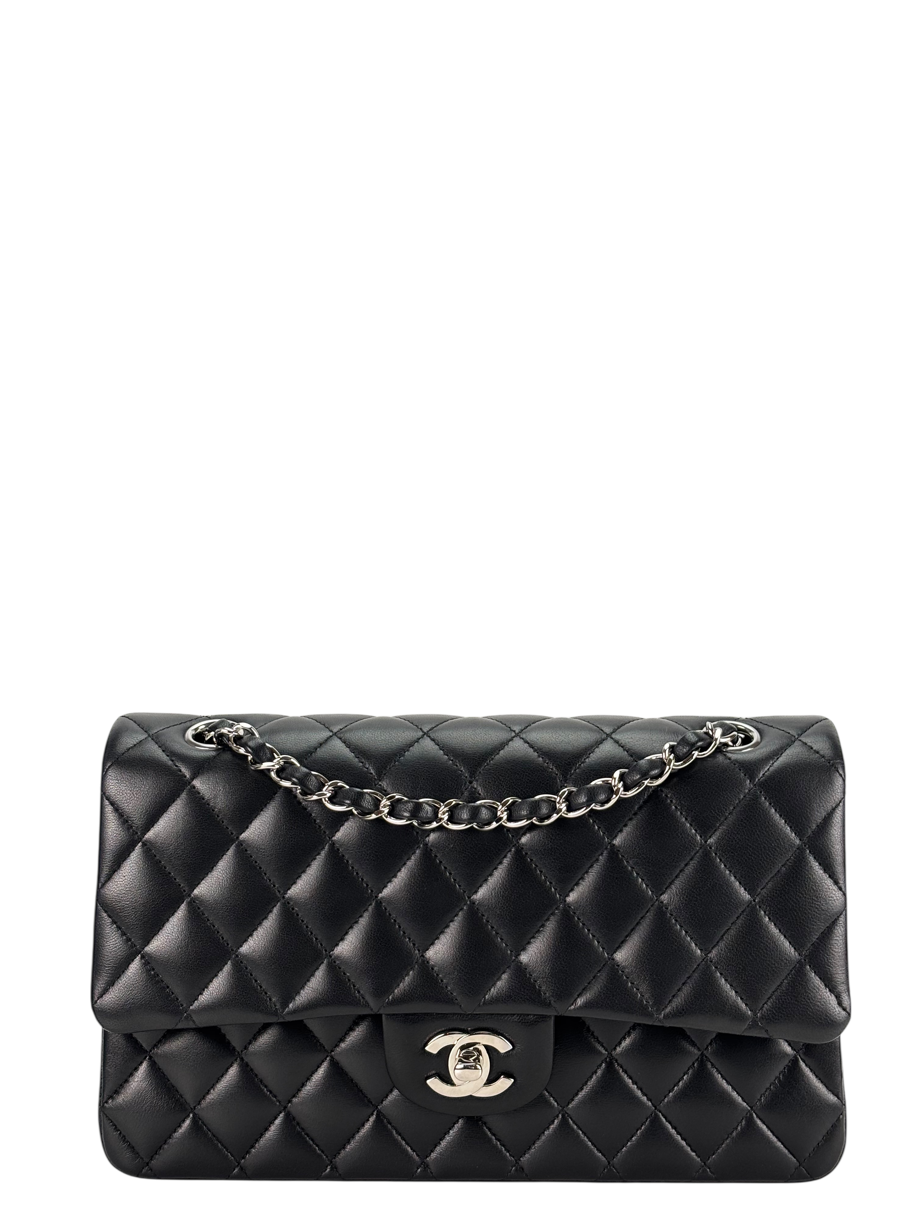 CHANEL - Medium Classic Double Flap Bag Black Lambskin Sliver Hardware (CF25) 