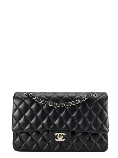 CHANEL - Medium Classic Double Flap Bag Black Lambskin Sliver Hardware (CF25) 