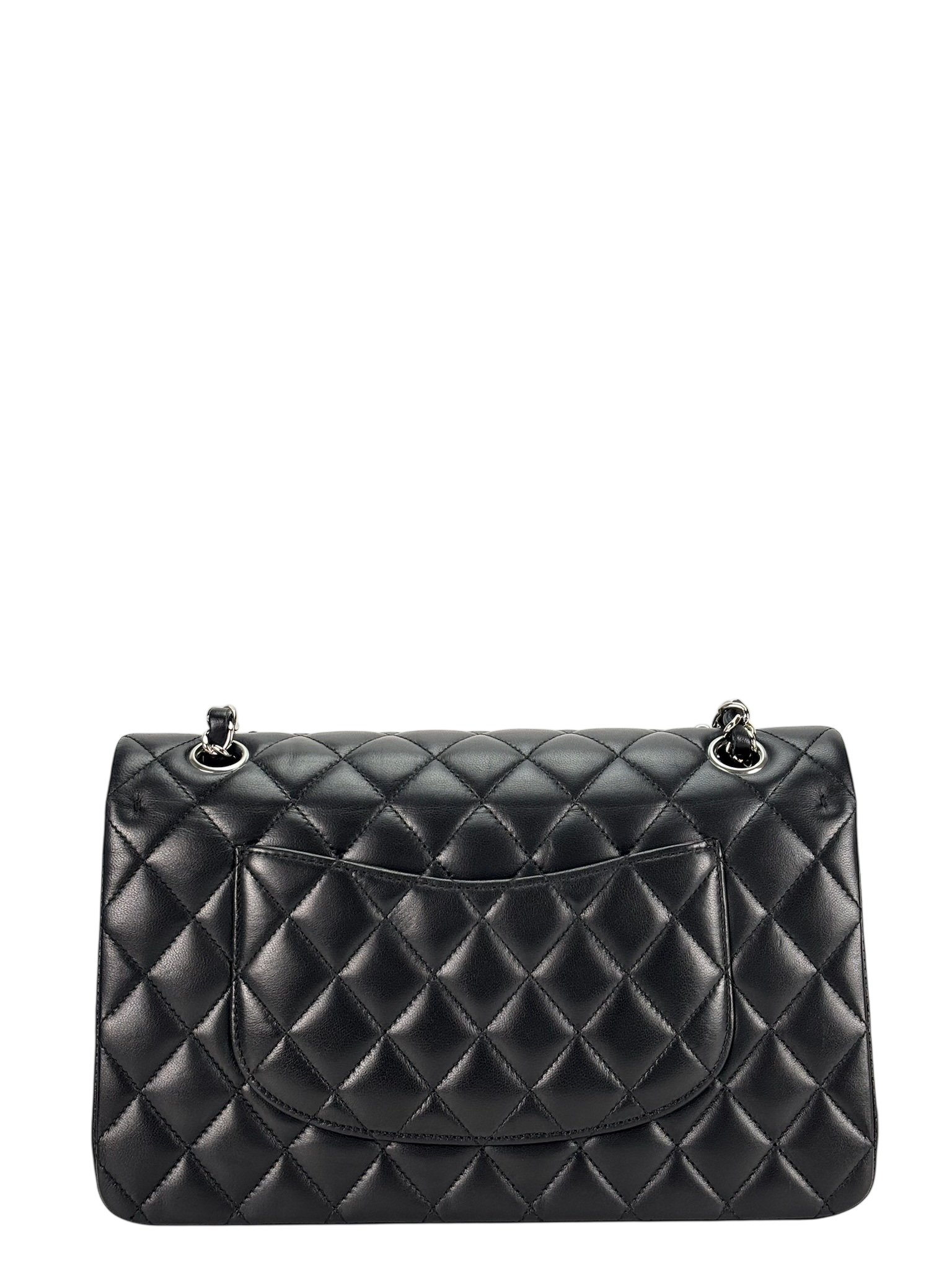 CHANEL - Medium Classic Double Flap Bag Black Lambskin Sliver Hardware (CF25) 