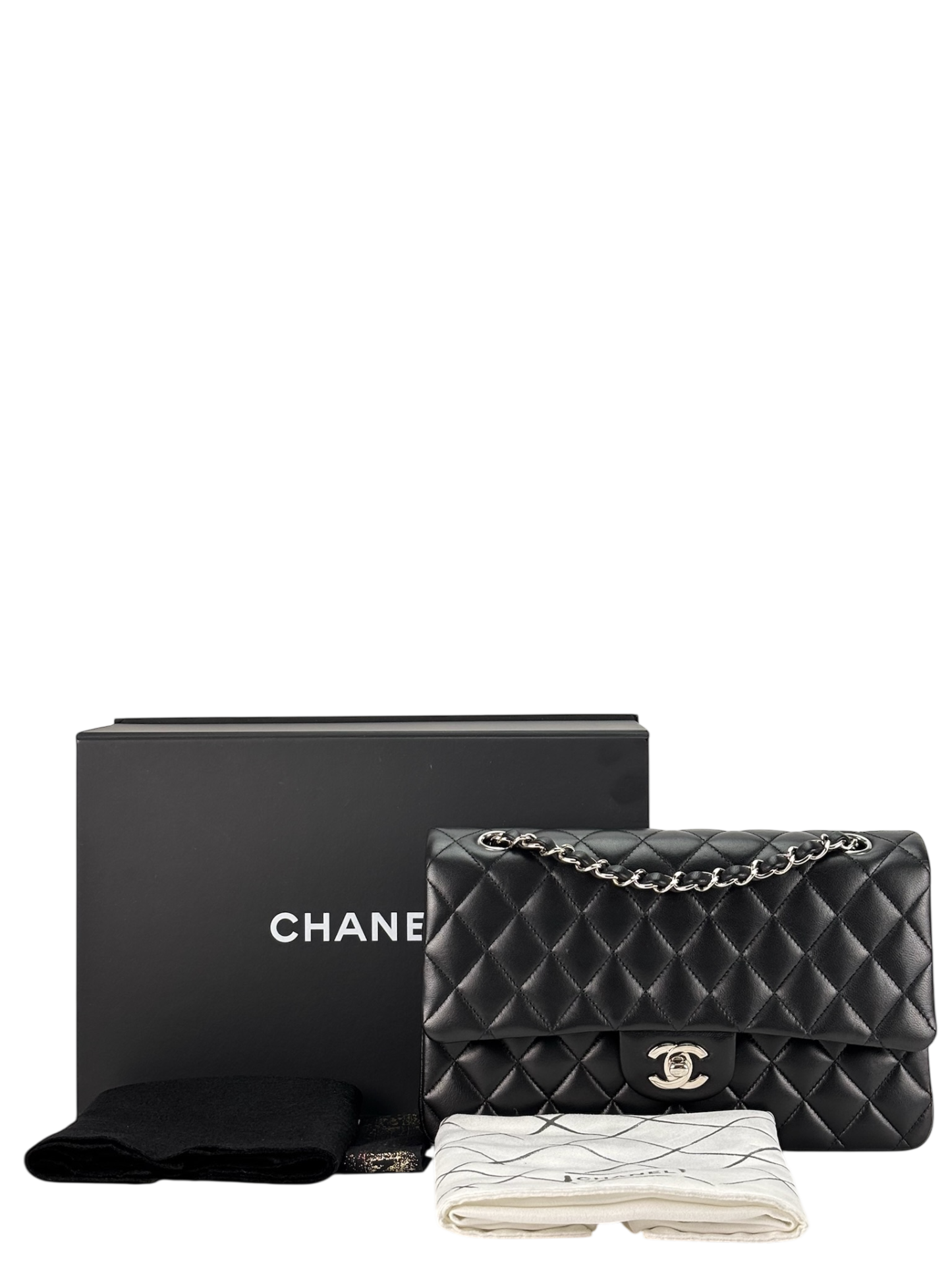 CHANEL - Medium Classic Double Flap Bag Black Lambskin Sliver Hardware (CF25)