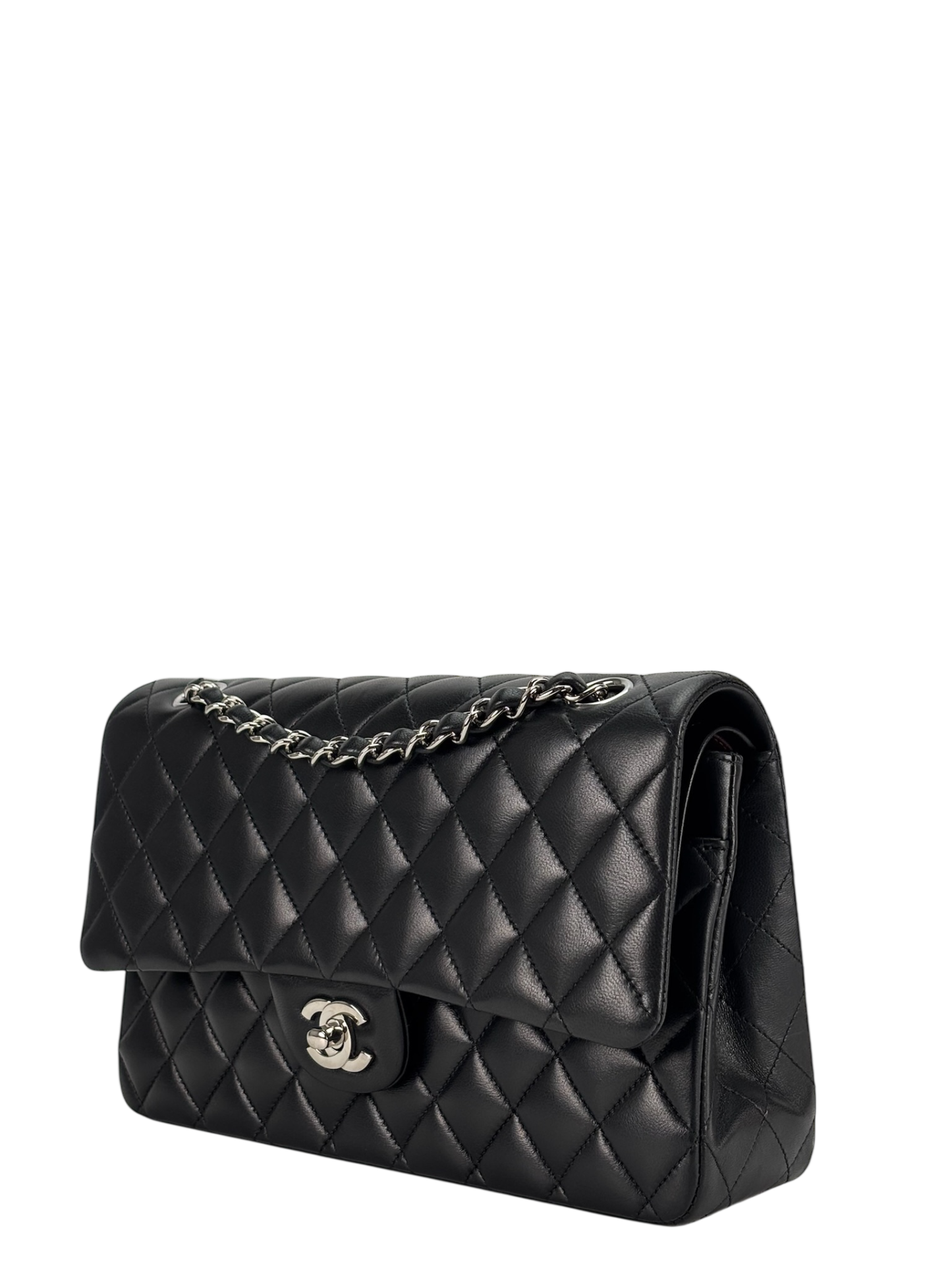 CHANEL - Medium Classic Double Flap Bag Black Lambskin Sliver Hardware (CF25)