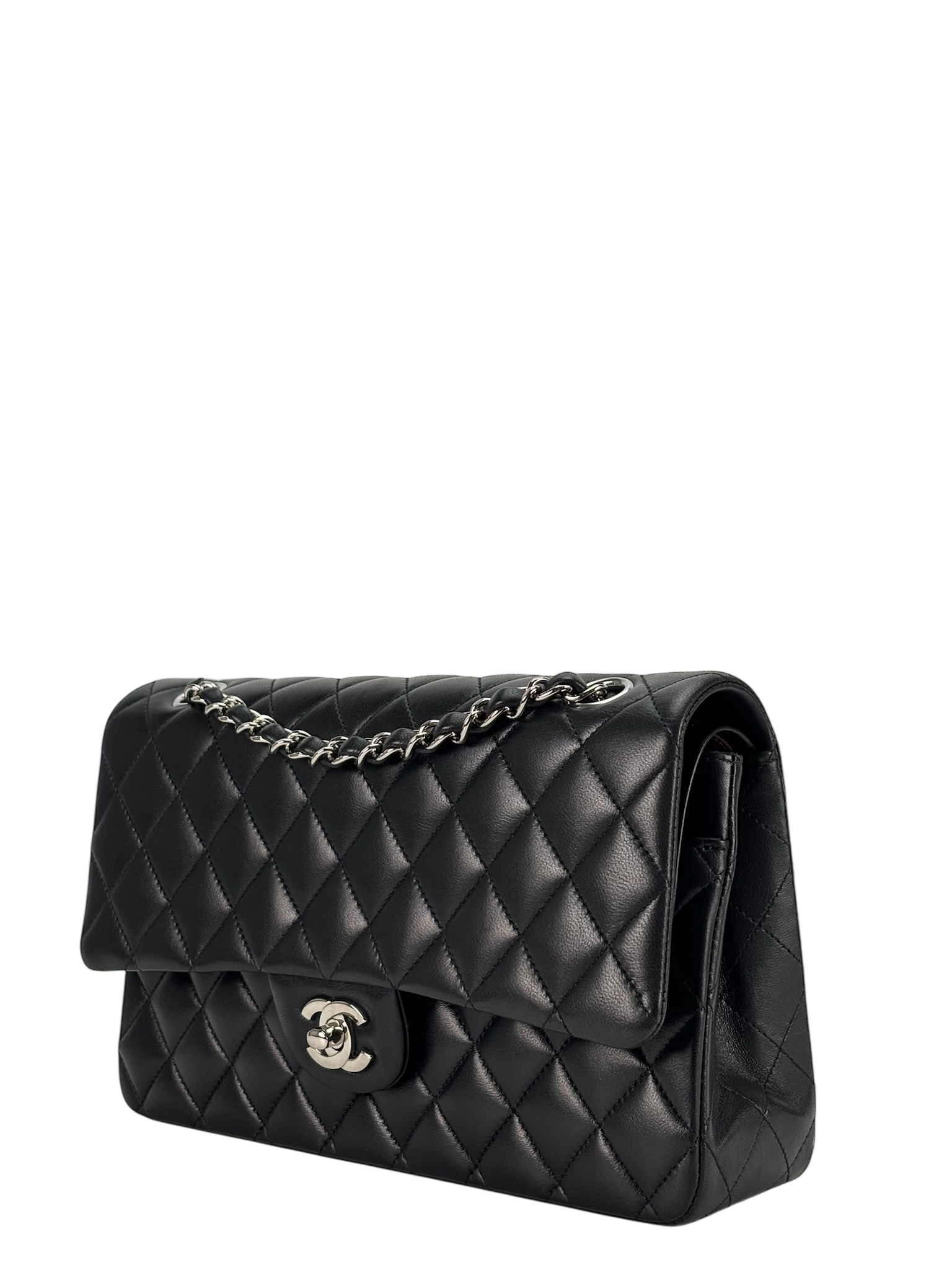 CHANEL - Medium Classic Double Flap Bag Black Lambskin Sliver Hardware (CF25)