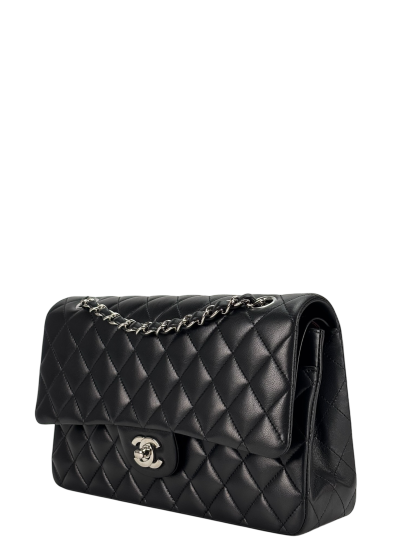 CHANEL - Medium Classic Double Flap Bag Black Lambskin Sliver Hardware (CF25) 