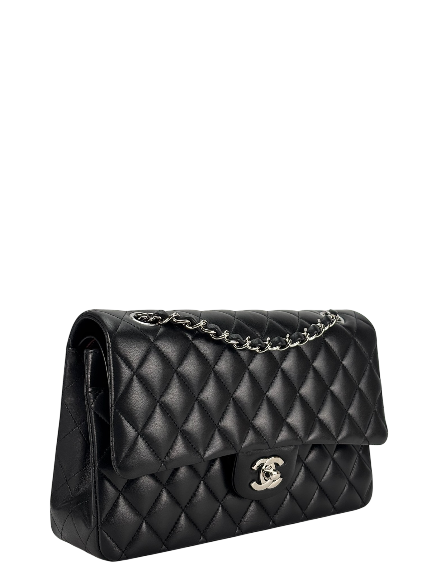 CHANEL - Medium Classic Double Flap Bag Black Lambskin Sliver Hardware (CF25)