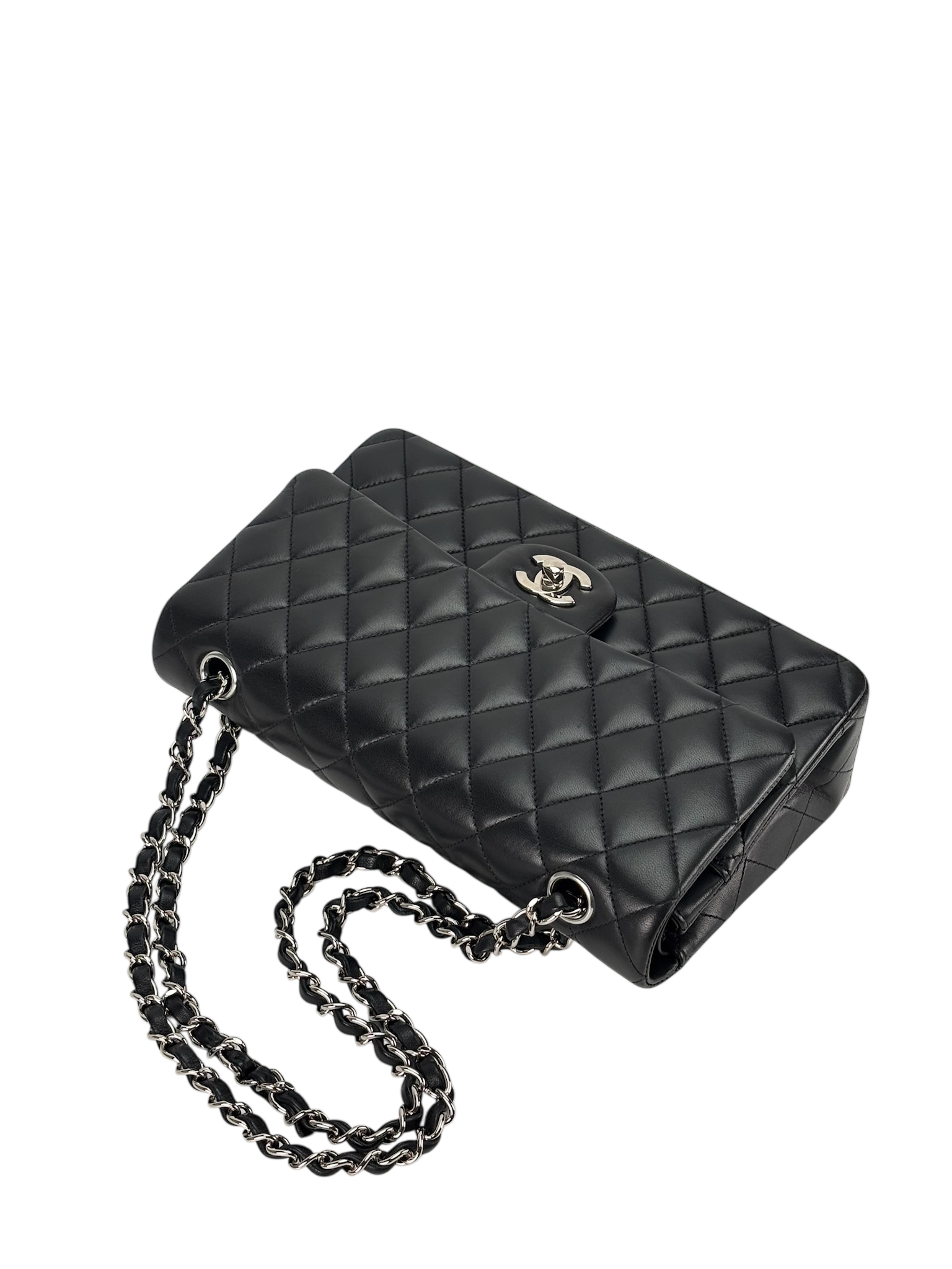 CHANEL - Medium Classic Double Flap Bag Black Lambskin Sliver Hardware (CF25)