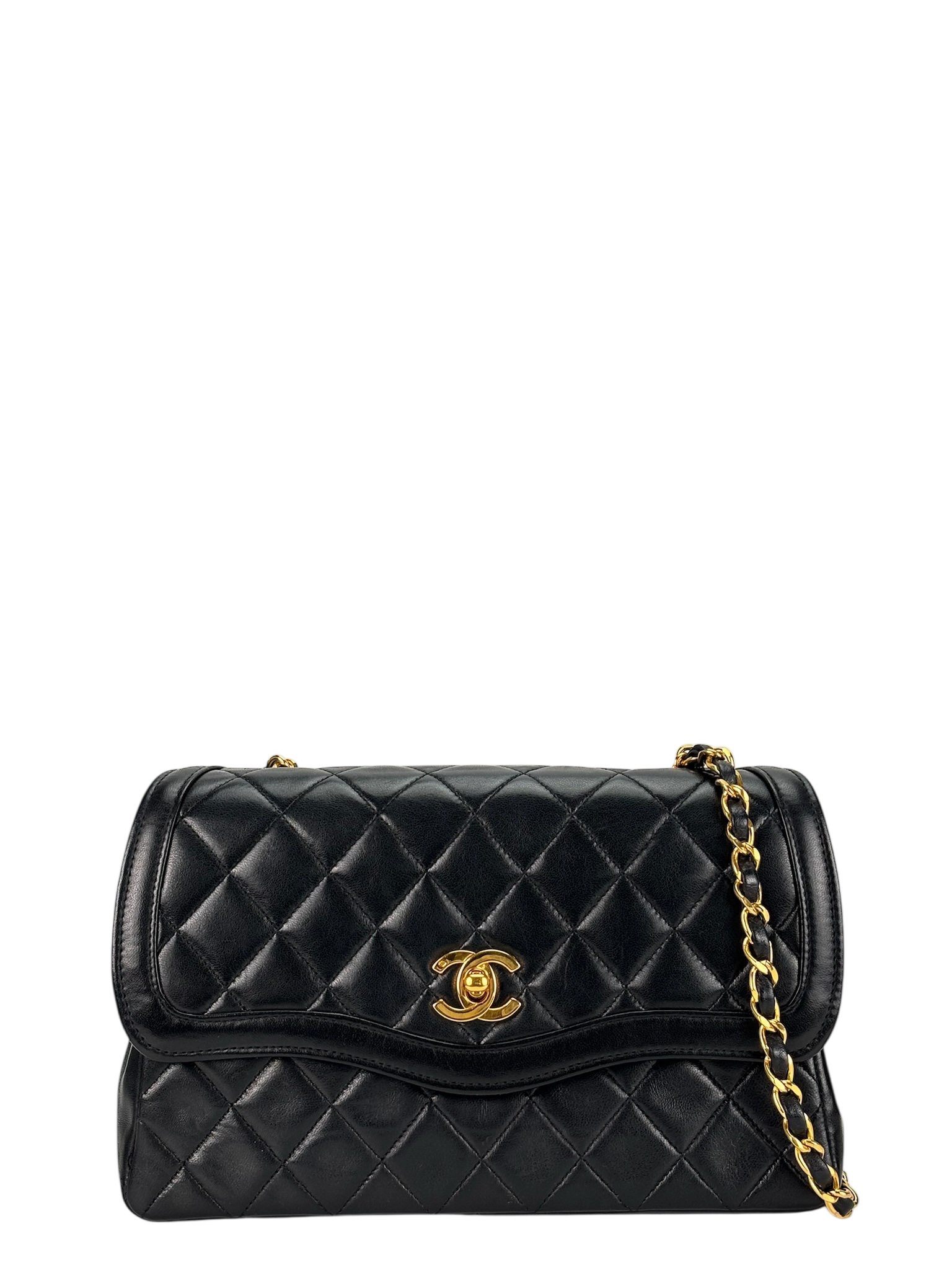 CHANEL - Black Lambskin Matelasse Single Flap Chain Bag Gold Hardware