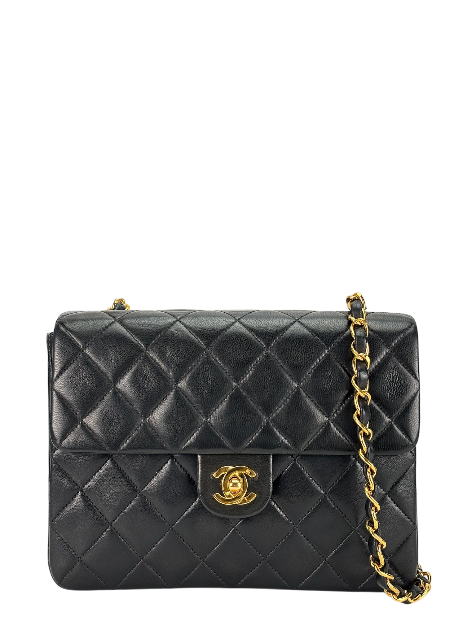 CHANEL - Black Lambskin Mini Classic Square Flap Shoulder Bag 20