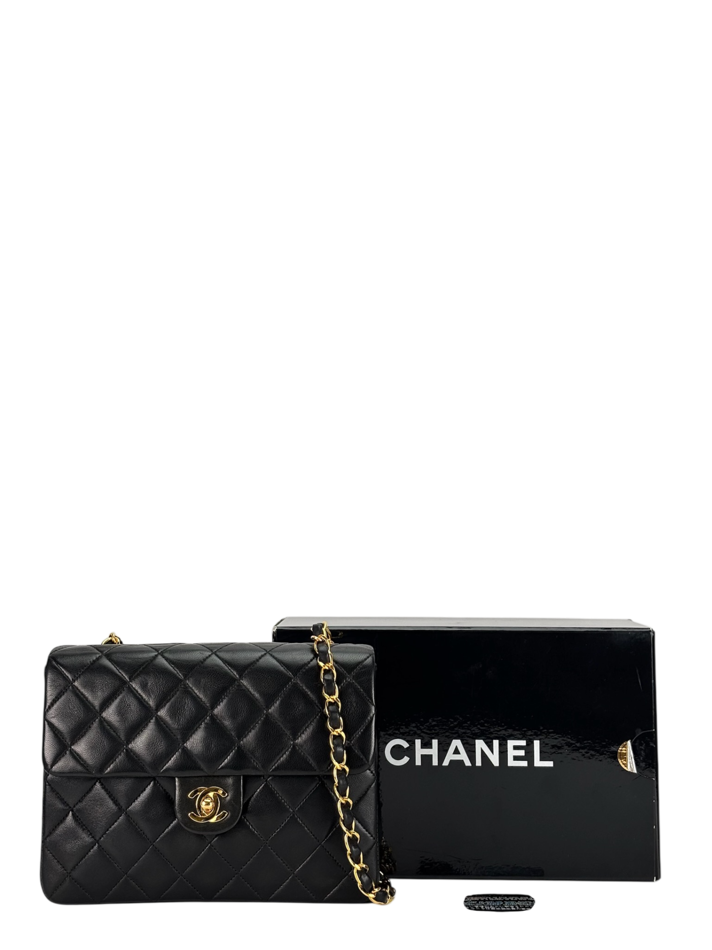 CHANEL - Black Lambskin Mini Classic Square Flap Shoulder Bag 20