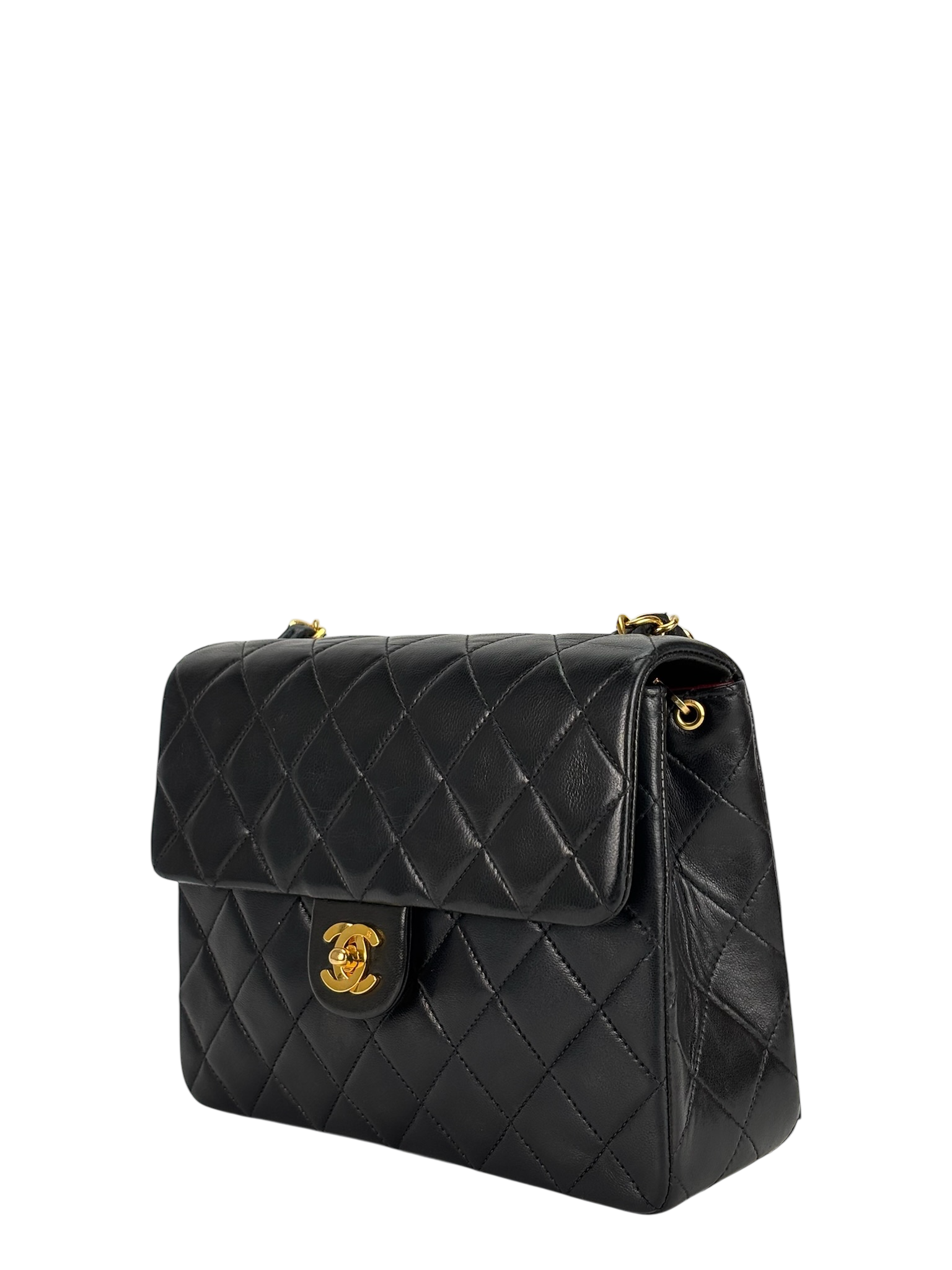 CHANEL - Black Lambskin Mini Classic Square Flap Shoulder Bag 20