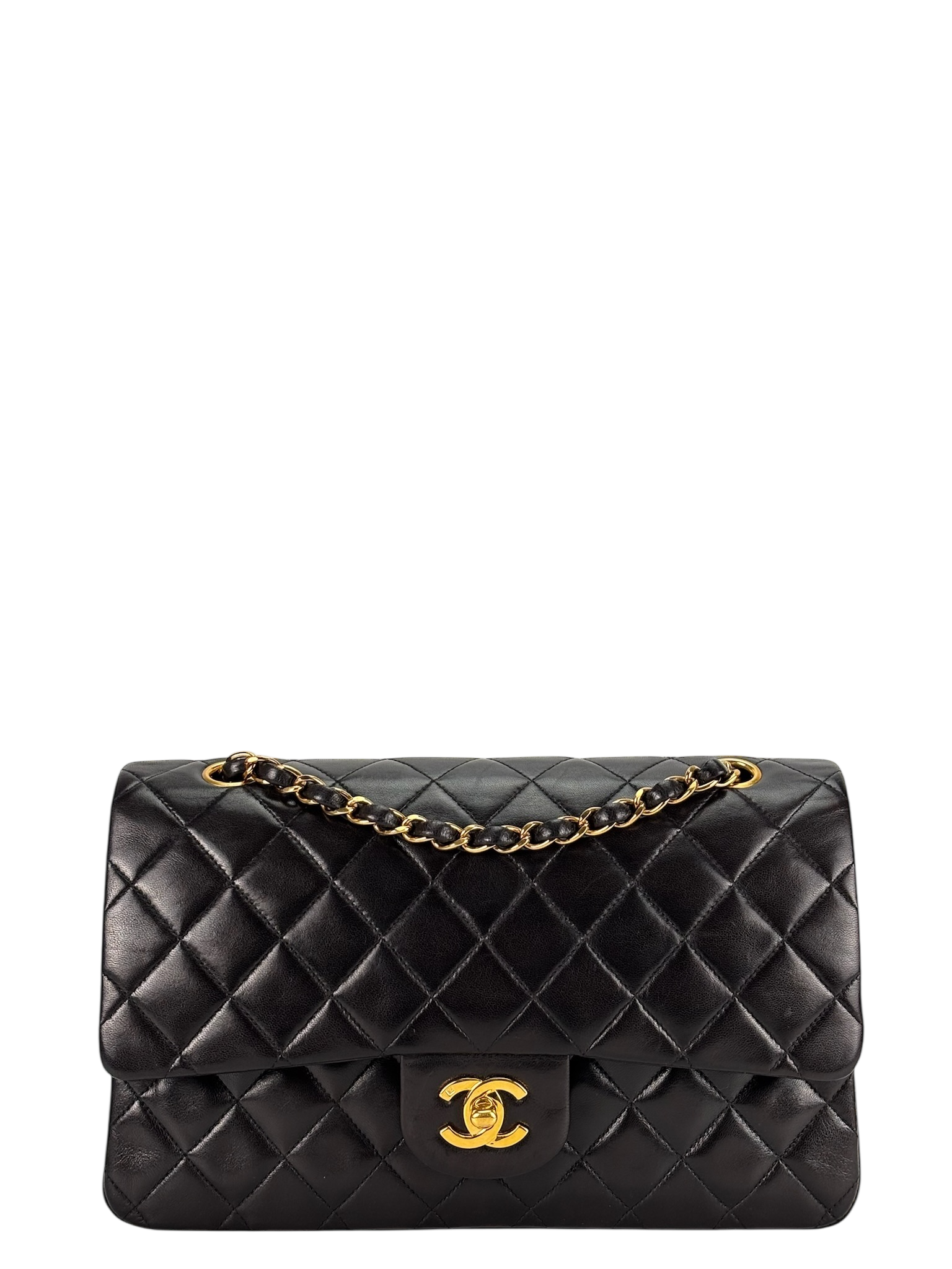 CHANEL - Medium Classic Double Flap Bag Black Lambskin Gold Hardware (CF25) 