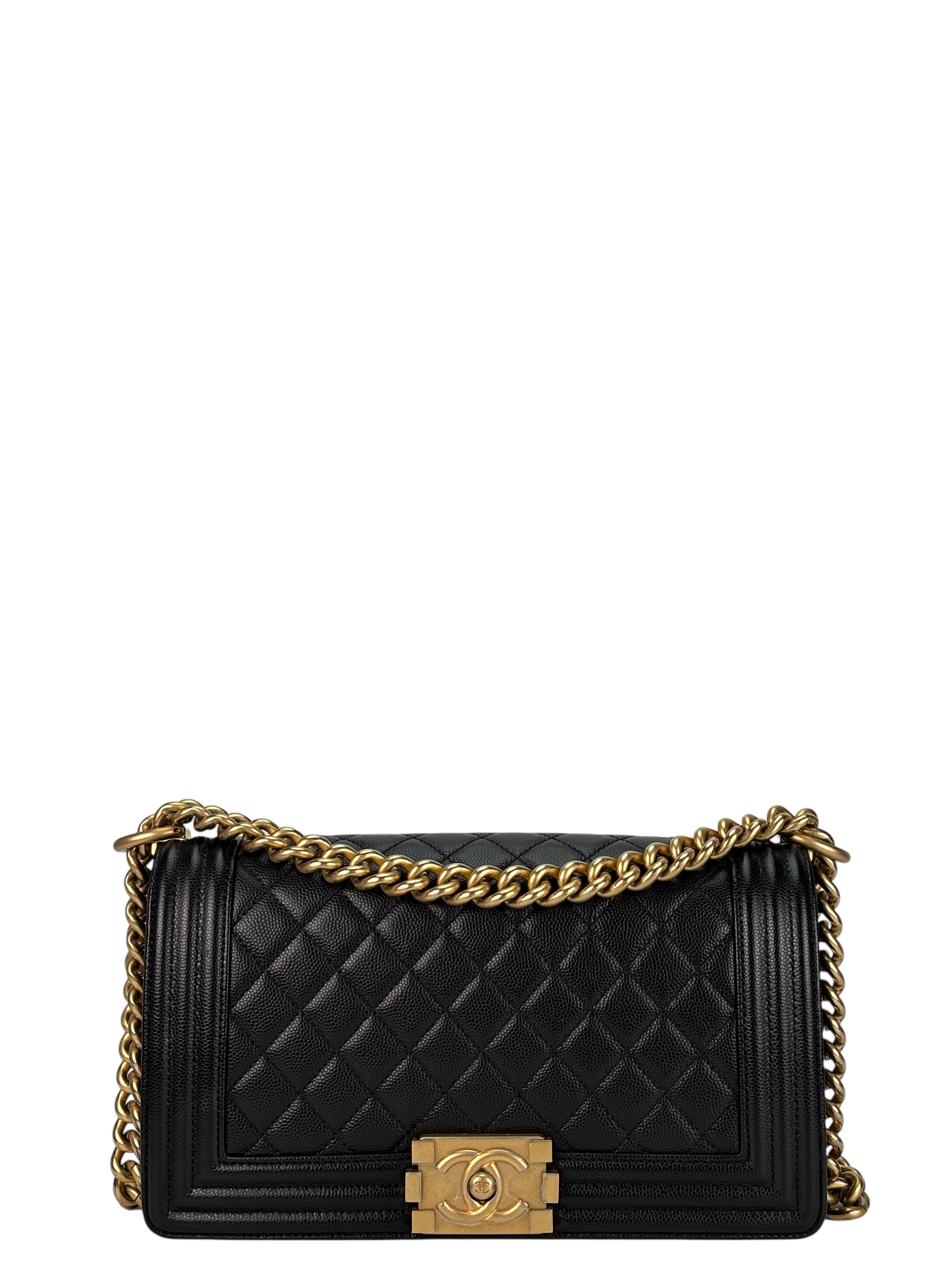 CHANEL - Black Caviar Quilted Medium Boy Flap Black Gold Hardware