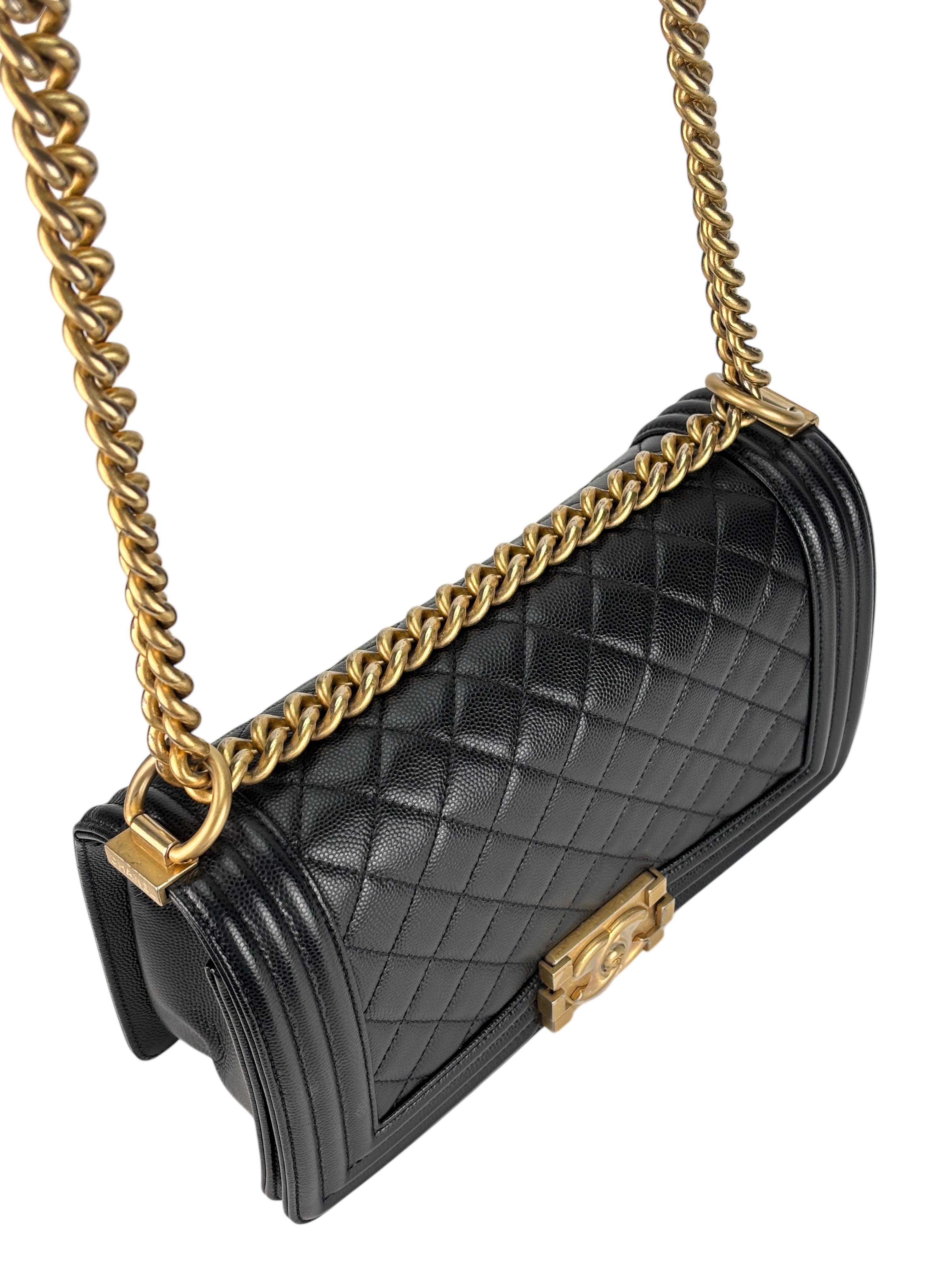 CHANEL - Black Caviar Quilted Medium Boy Flap Black Gold Hardware