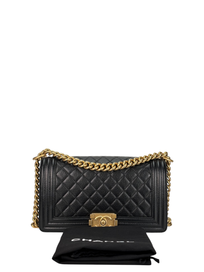 CHANEL - Black Caviar Quilted Medium Boy Flap Black Gold Hardware