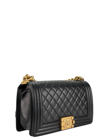 CHANEL - Black Caviar Quilted Medium Boy Flap Black Gold Hardware