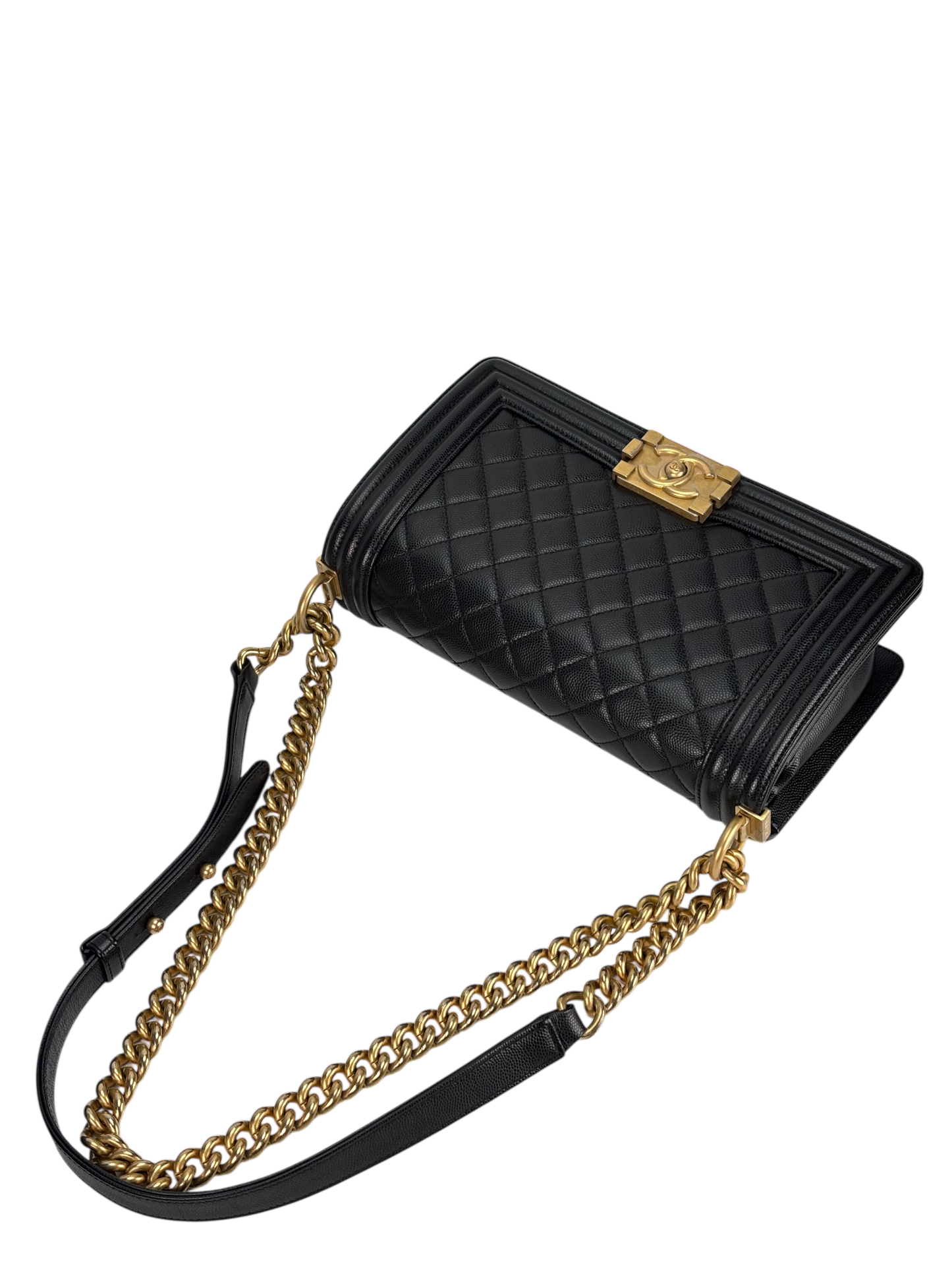 CHANEL - Black Caviar Quilted Medium Boy Flap Black Gold Hardware